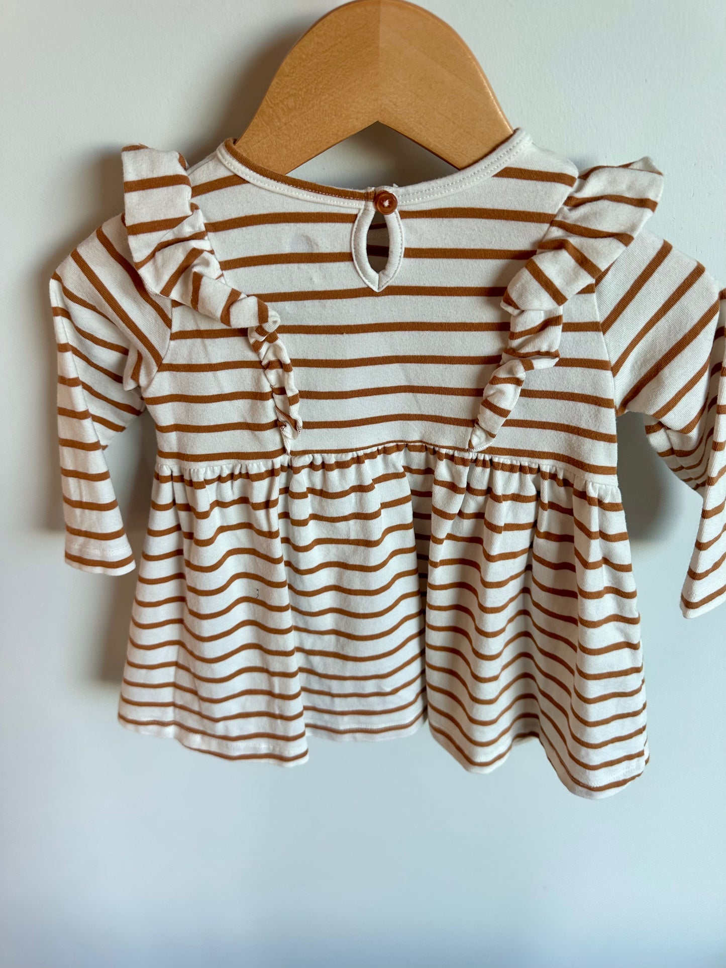 Organic Tan Striped Ruffle Dress/ 6-9m
