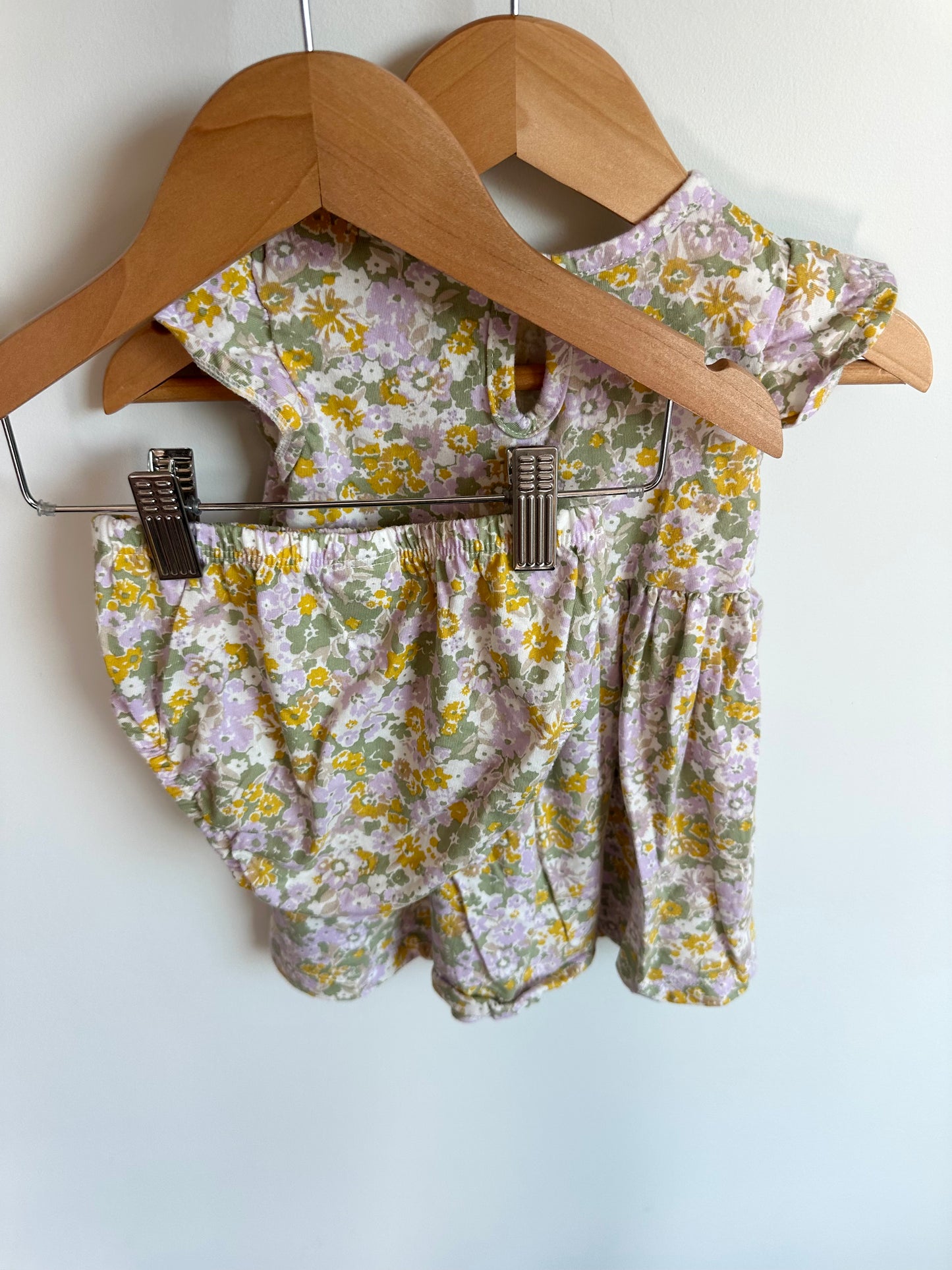 Purple + Green Floral Dress + Bloomers Set / 12m