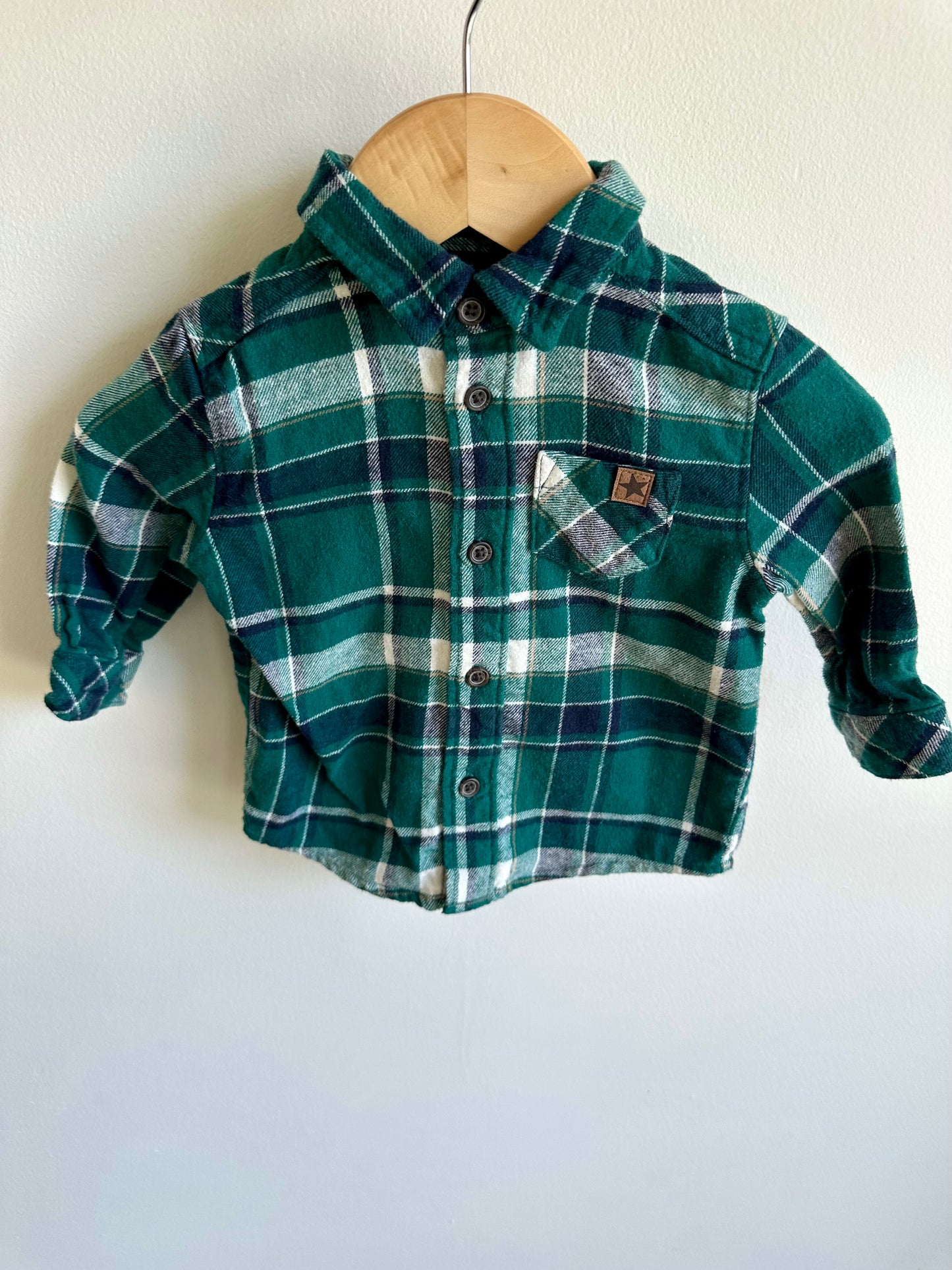 Green Plaid Button Up Top / 3-6m