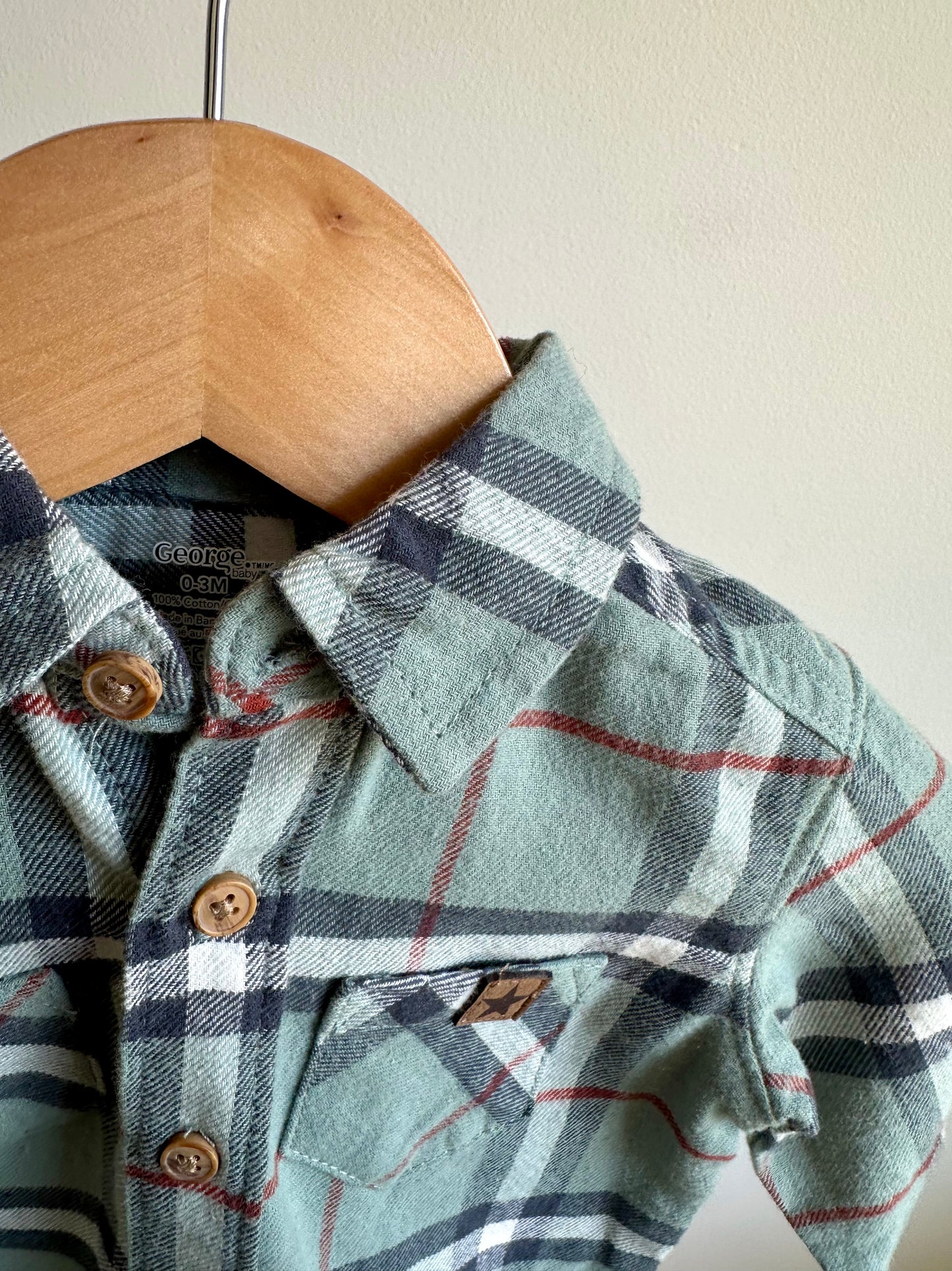 Dusty Green Plaid Button Up Top / 0-3m