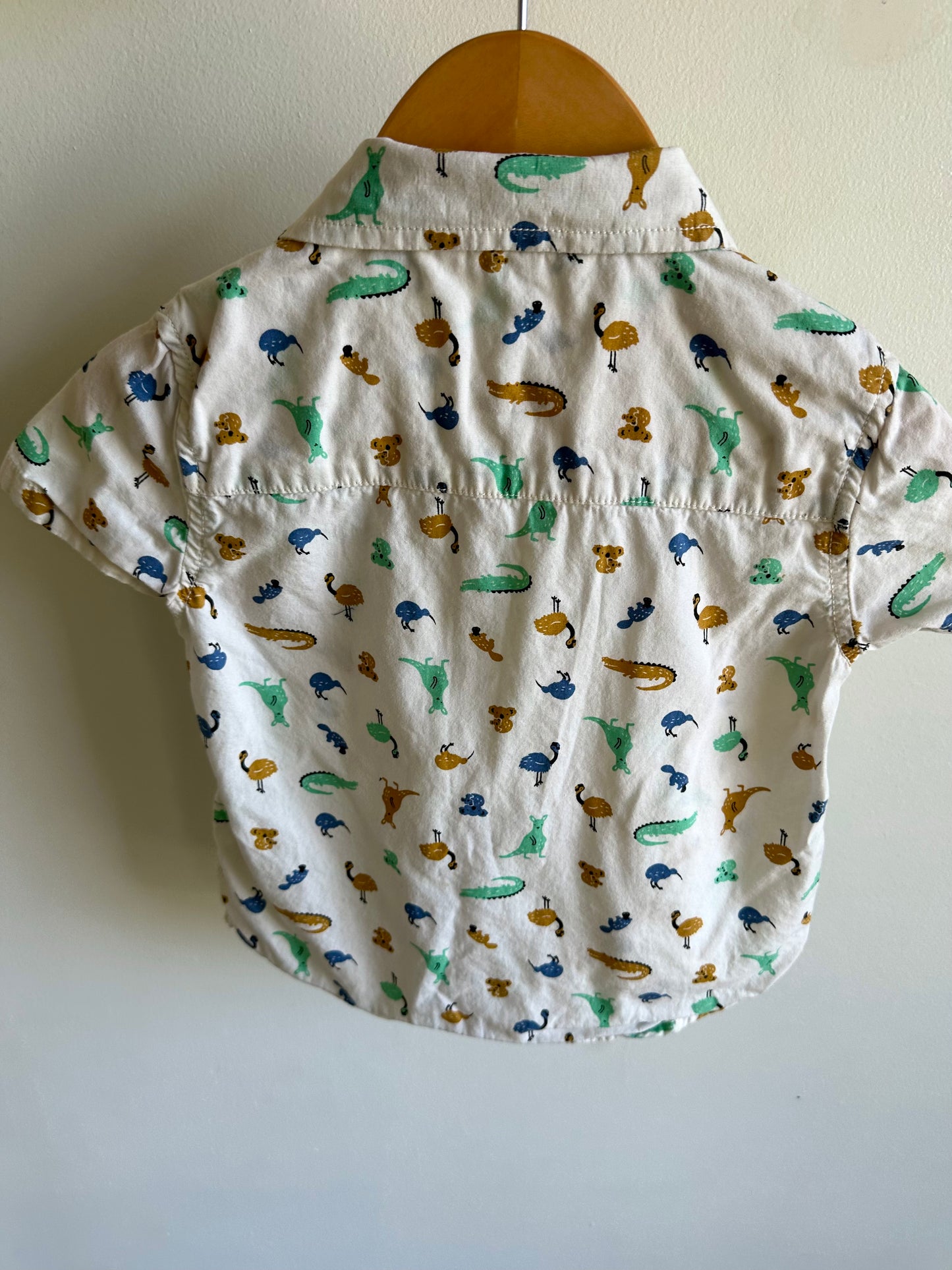White Button Up T-Shirt with Dino Pattern / 2T