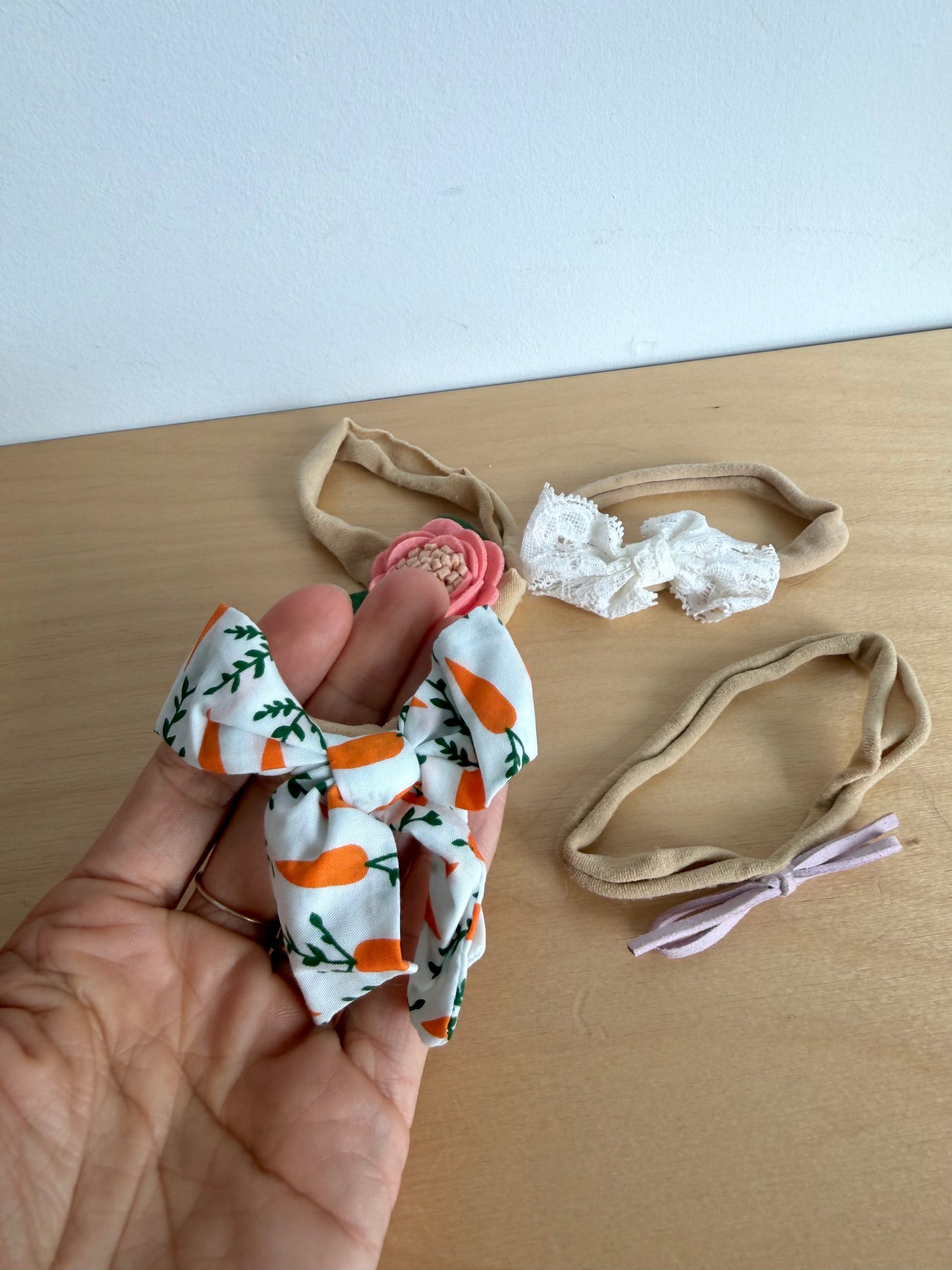 Felt Flower, Lace, Carrot, Mini Bow Nylon Headband / 0-12m