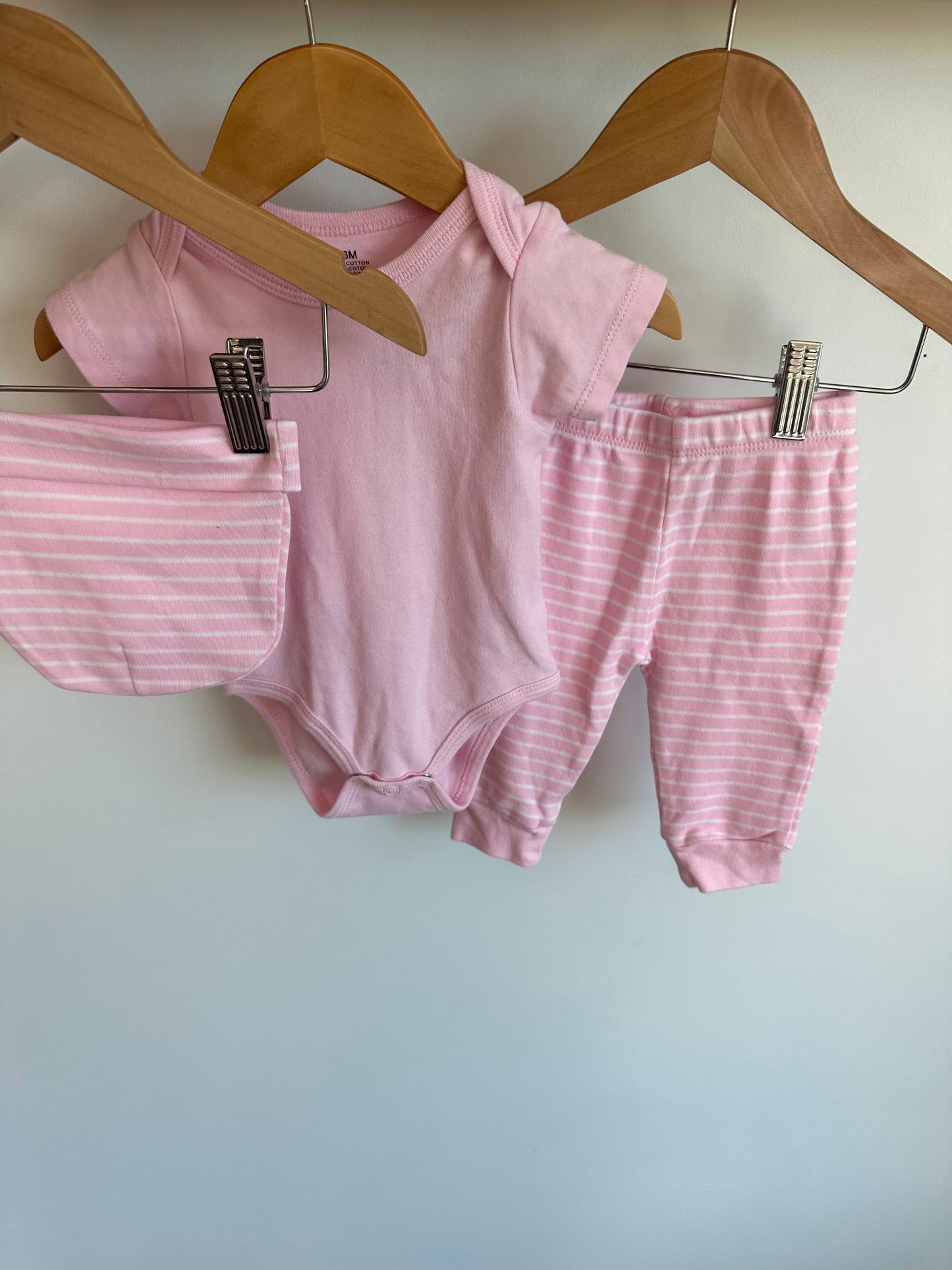 Pink Bodysuit, Striped Pants + Beanie Set / 6m