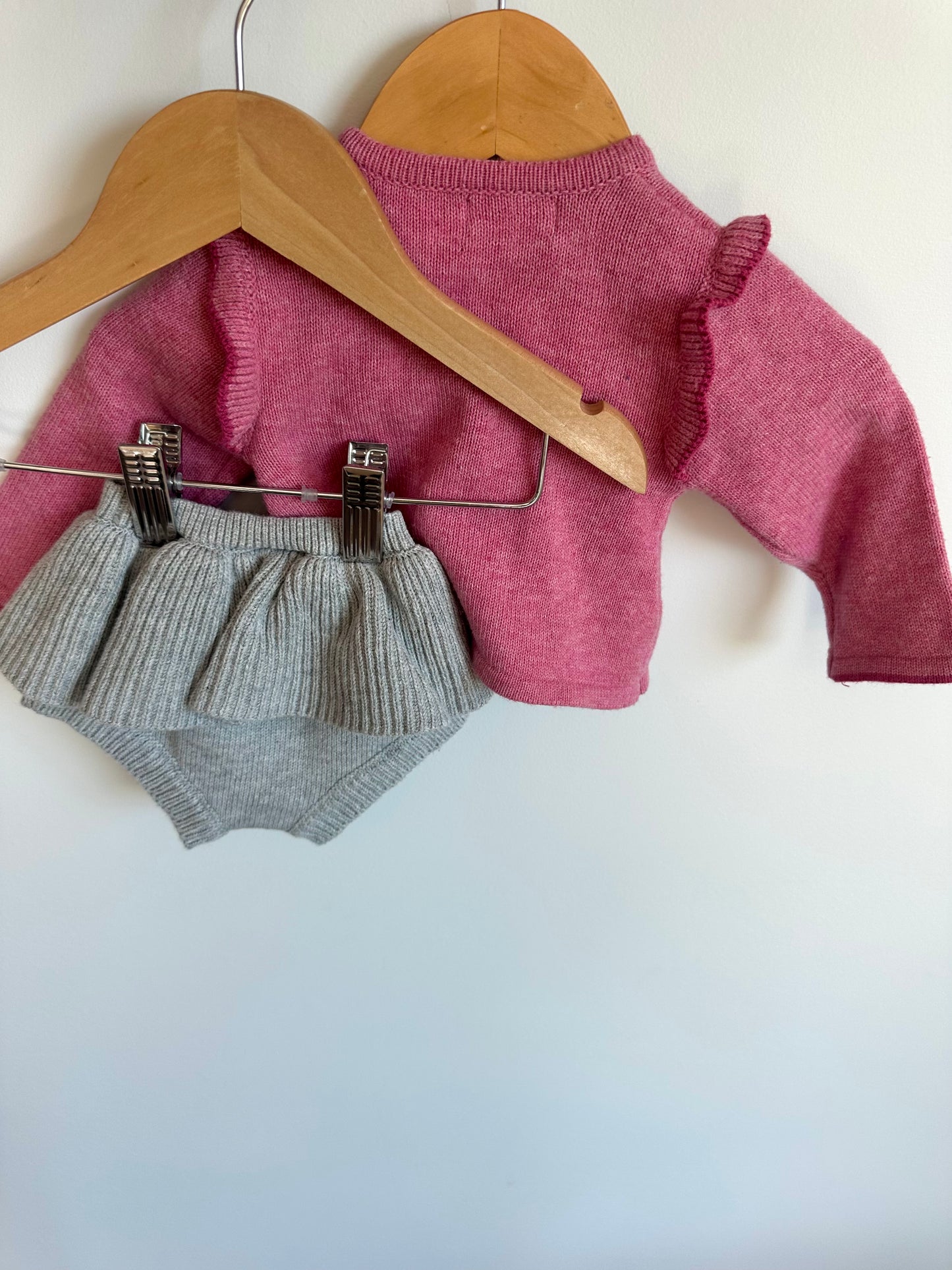 Mayoral Blush Knit Cardigan + Ruffle Shorties Set / 4-6m