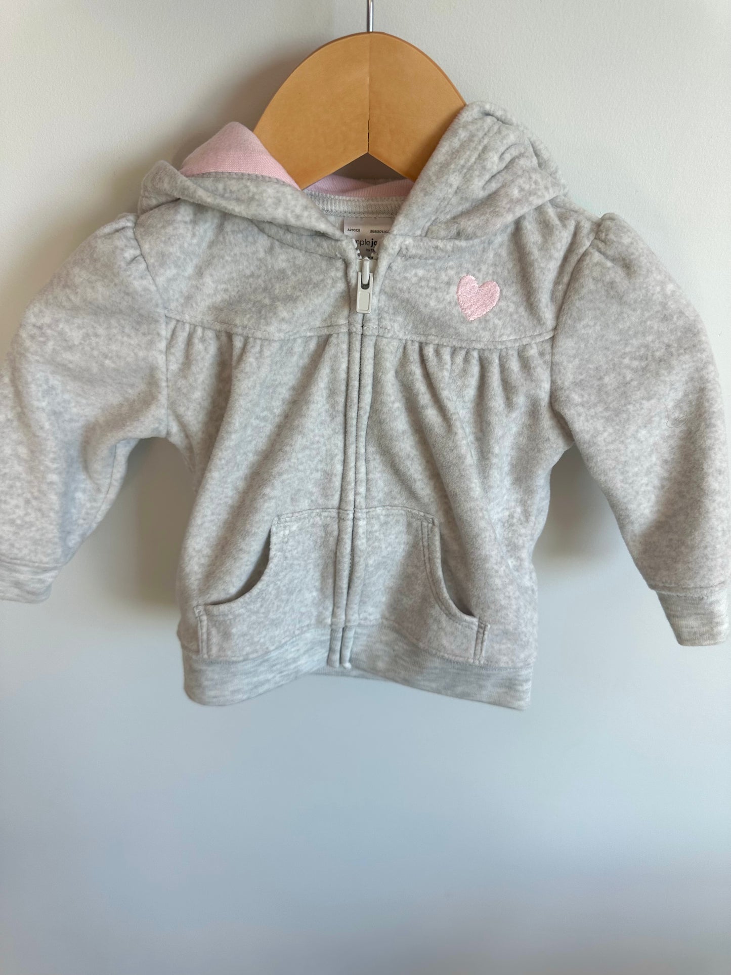 Grey + Pink Heart Fleece Hoodie / 3-6m
