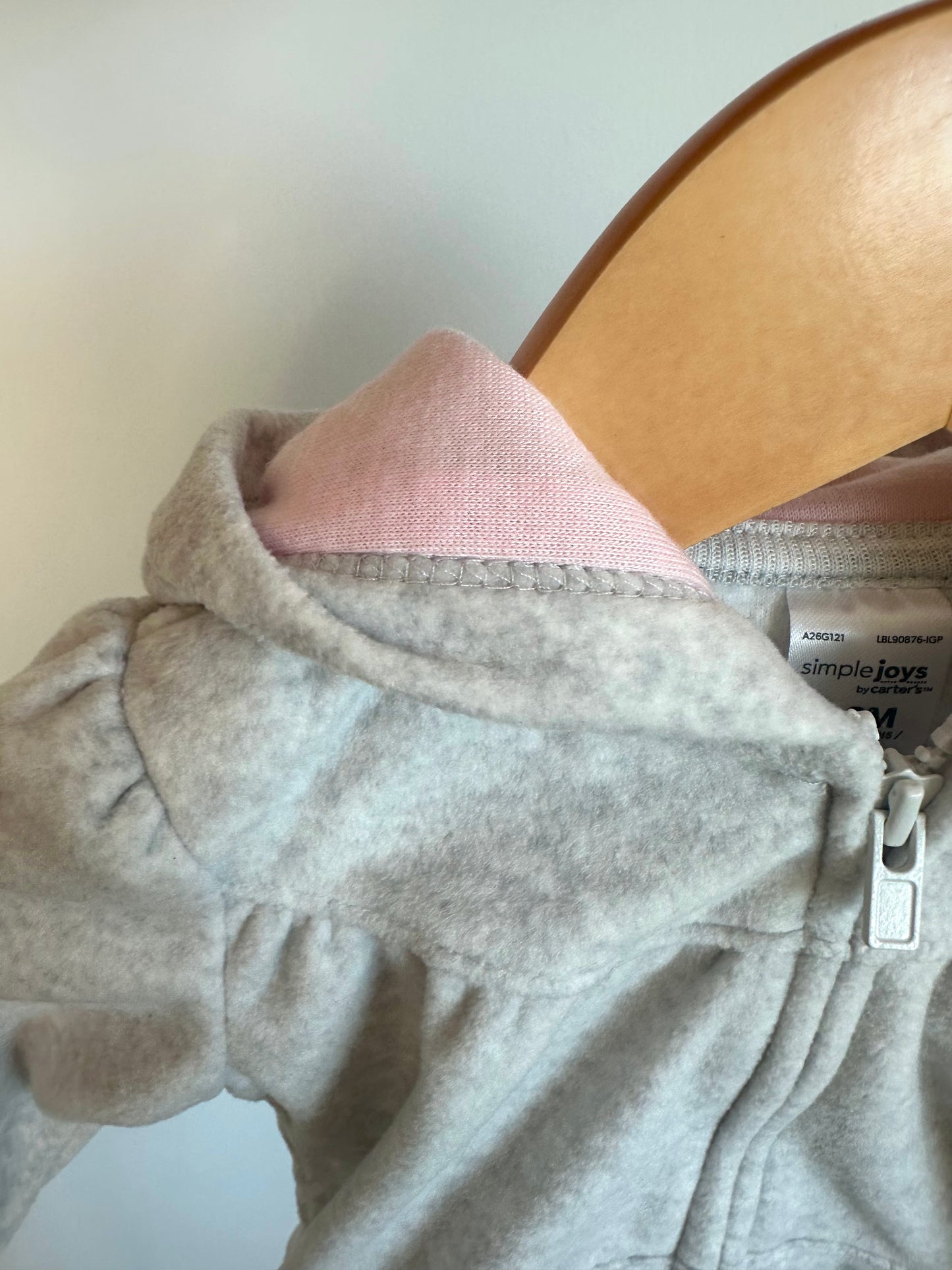 Grey + Pink Heart Fleece Hoodie / 3-6m