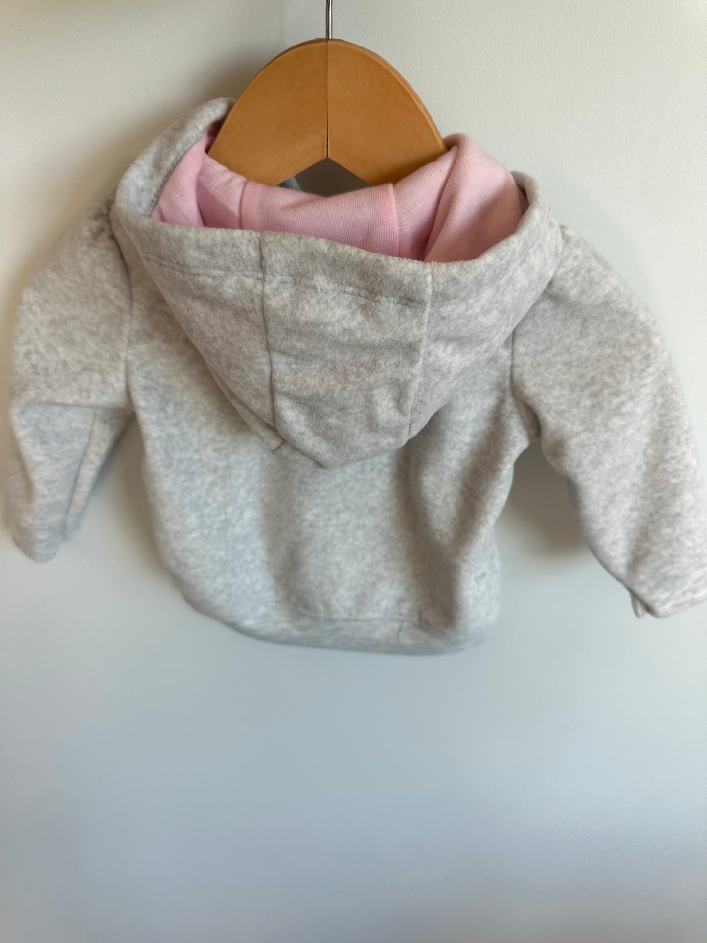 Grey + Pink Heart Fleece Hoodie / 3-6m