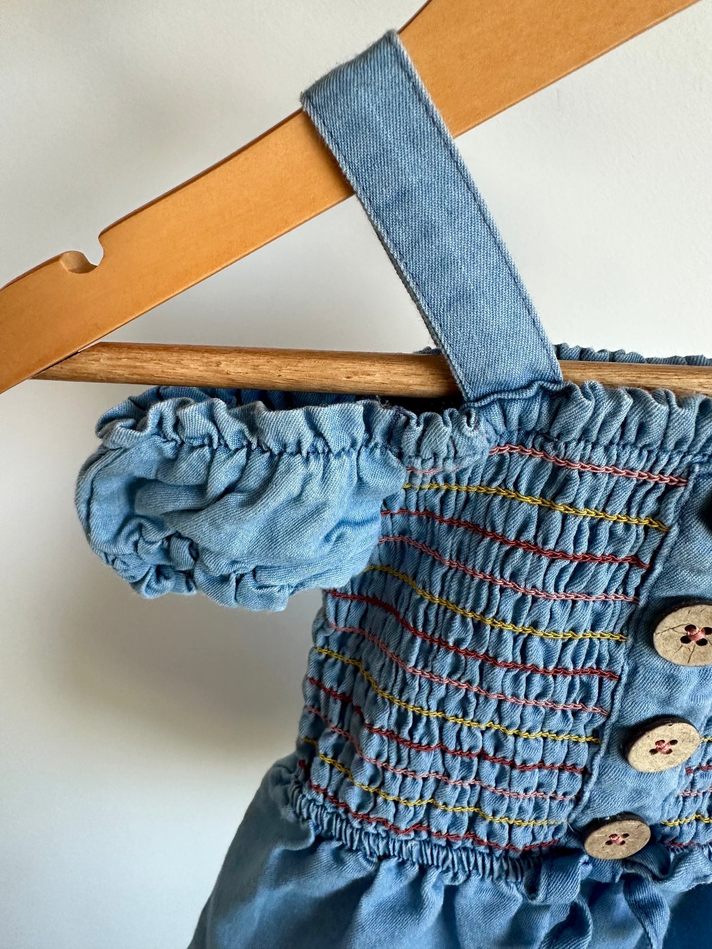 Chambray Rousing Sleeve Detail Romper / 12m