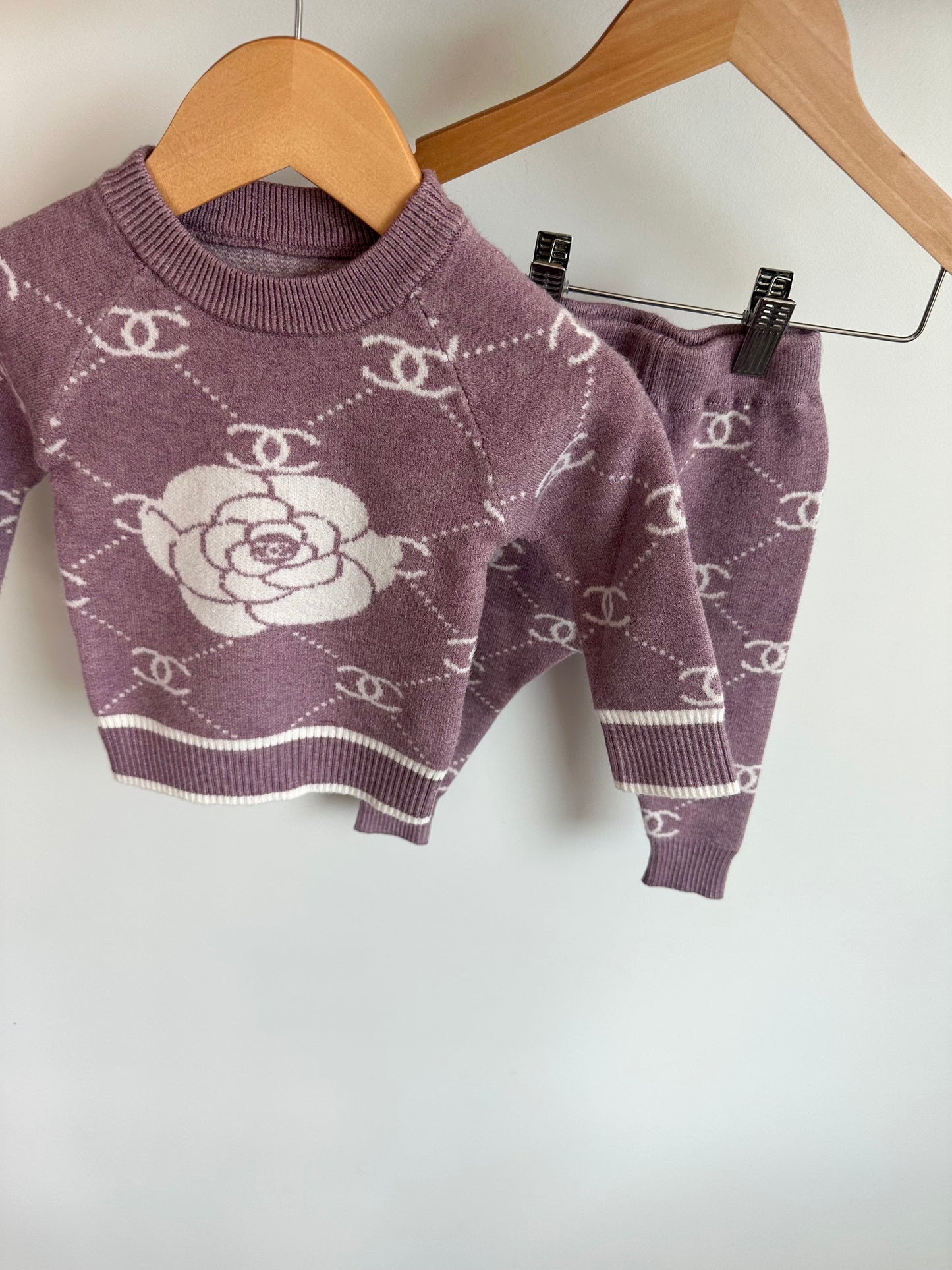Purple Flower Knit Sweater + Pants Set / 12m