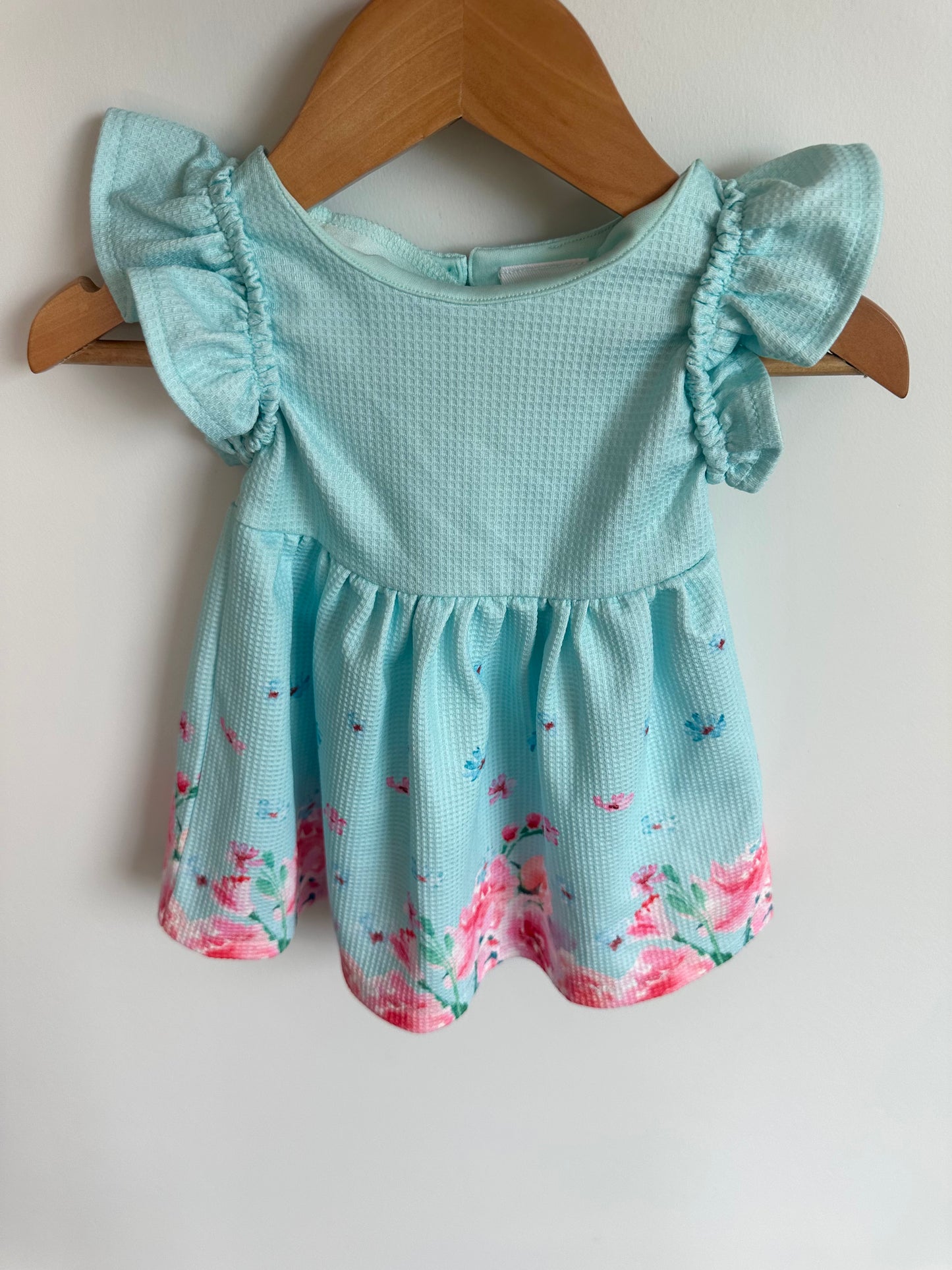 Blue Ruffle Sleeve Floral Dress + Leggings Set / 3-6m