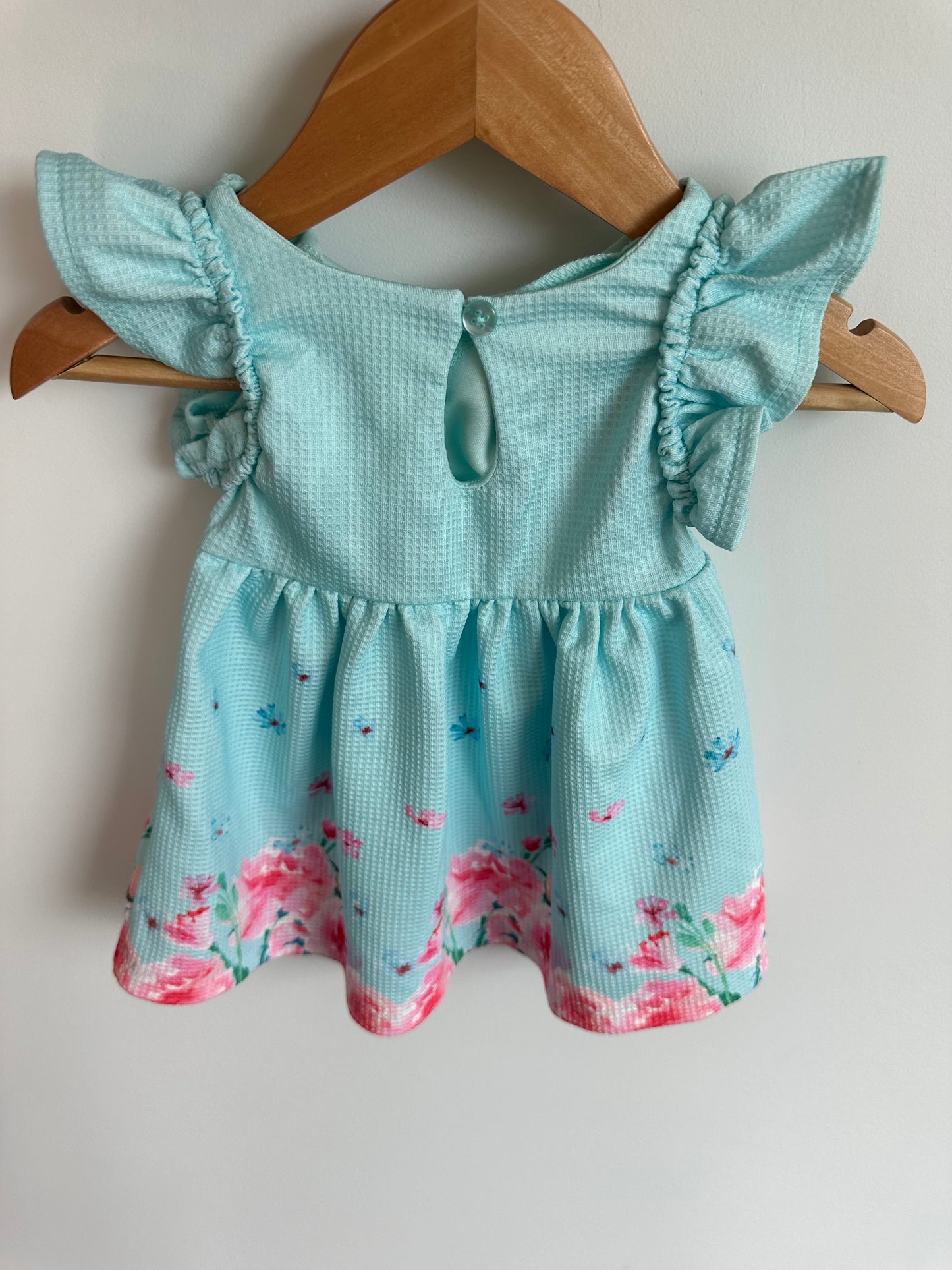 Blue Ruffle Sleeve Floral Dress + Leggings Set / 3-6m