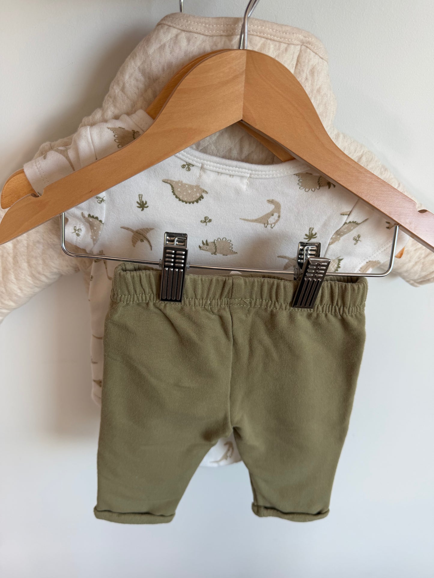 Cream Sweater, Dino Sage Bodysuit + Pants Set / 3-6m