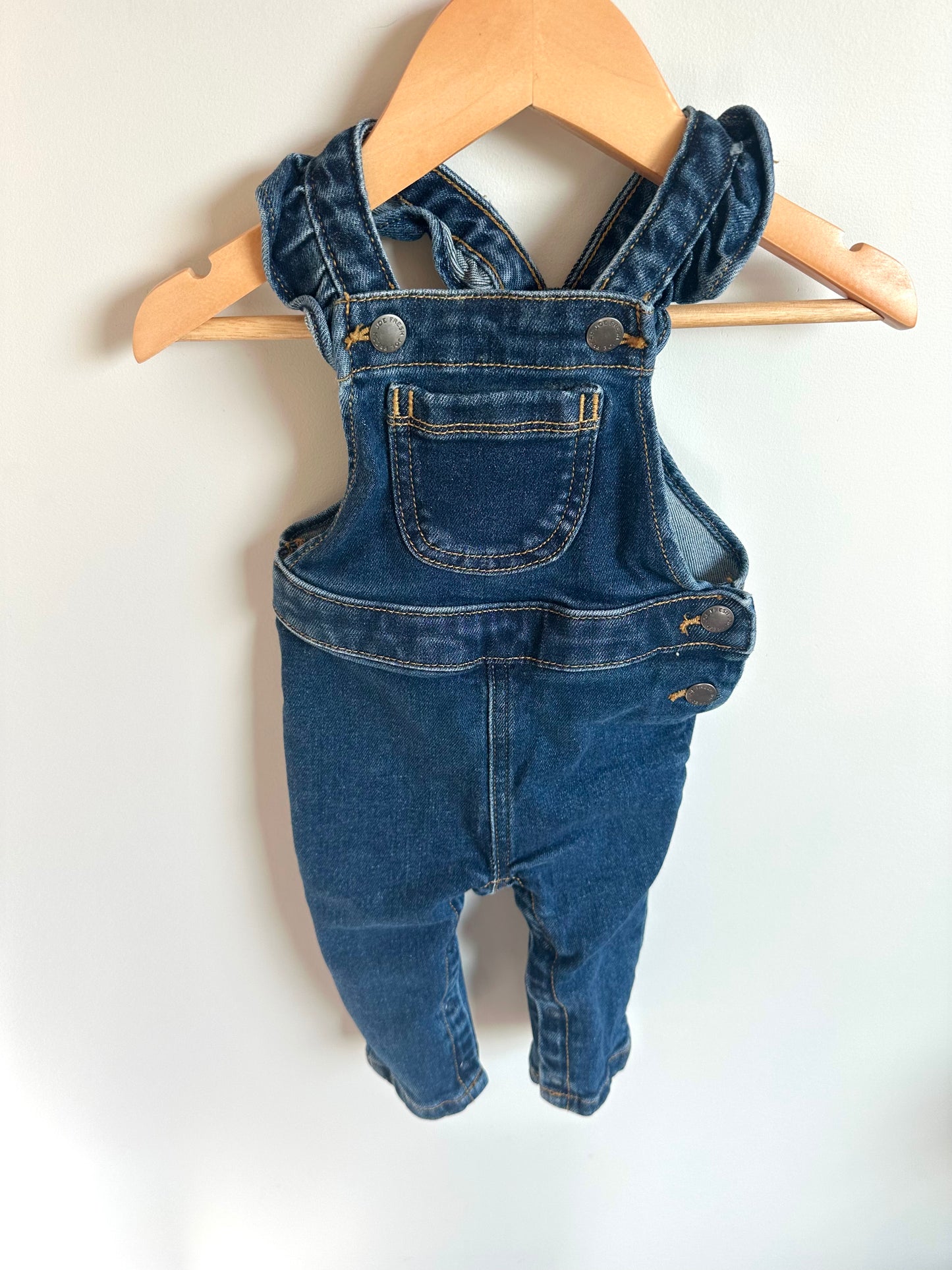 Ruffle Shoulder Denim Overalls / 6-12m