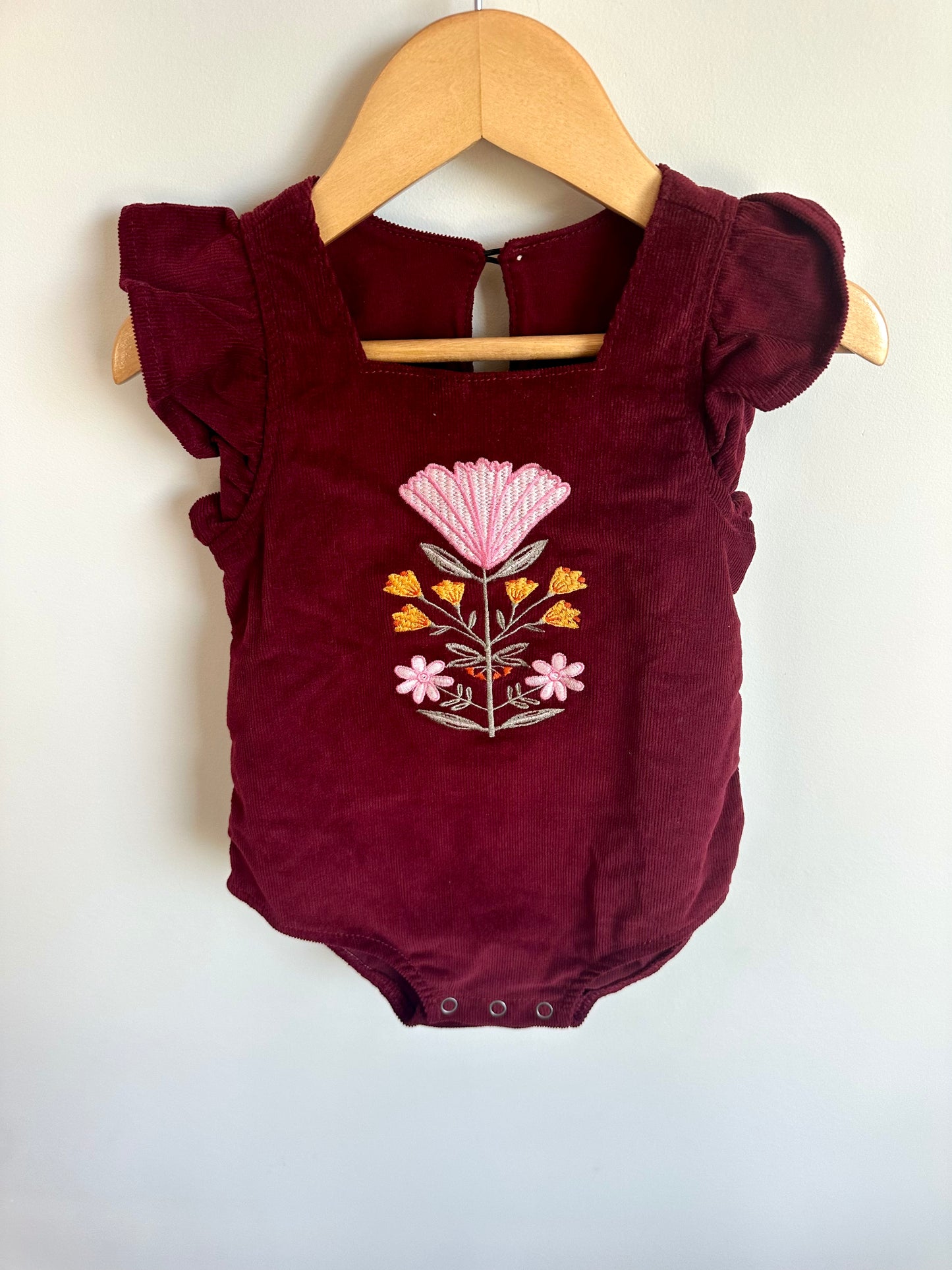 Maroon Bodysuit with Embroidered Flowers / 9-12m