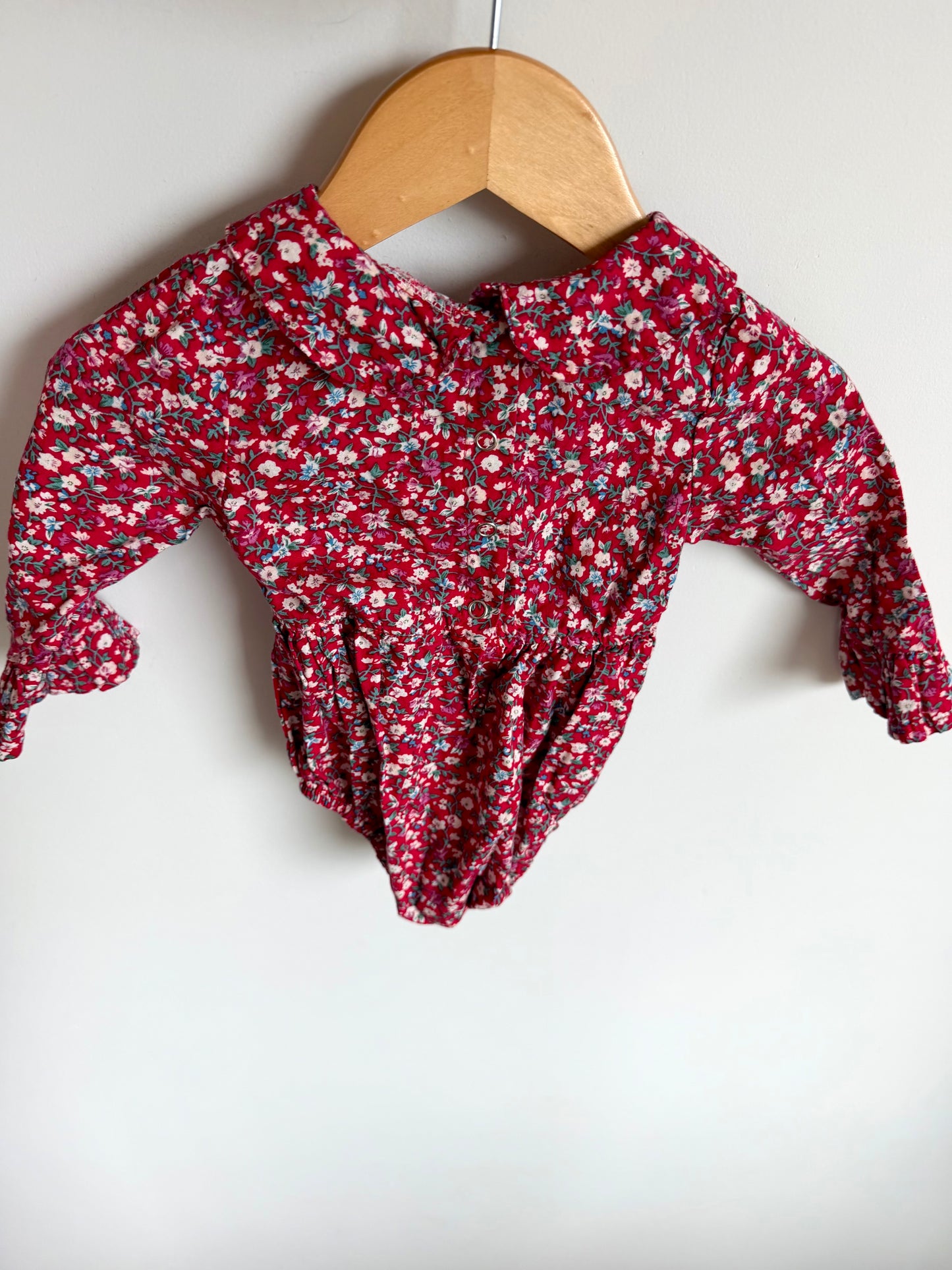 Collared Red Floral Bubble Romper / 6-12m