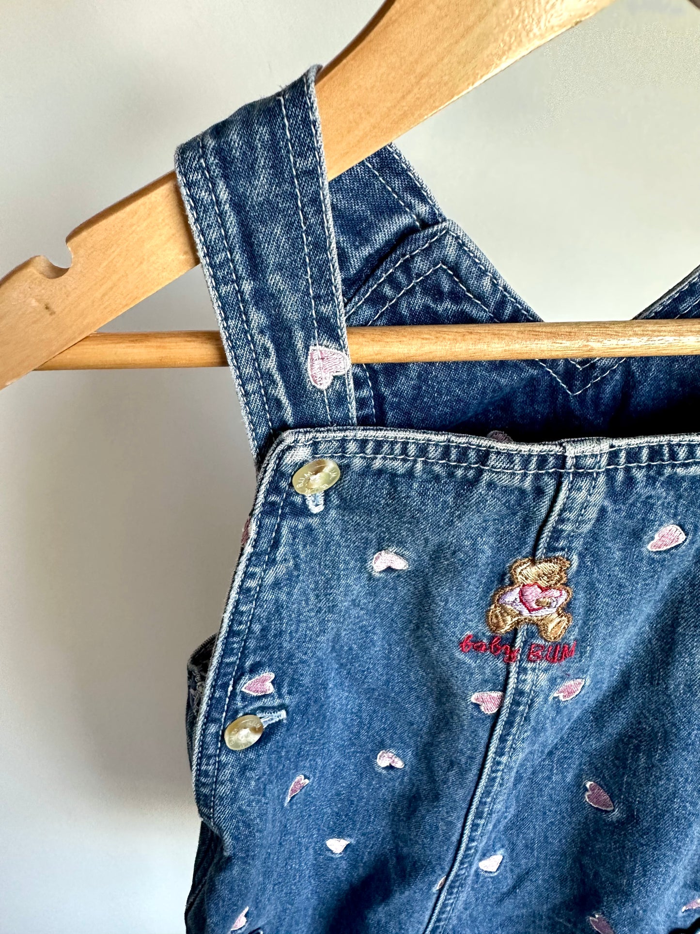 Vintage Heart Embroidered Denim Overalls / 6-9m