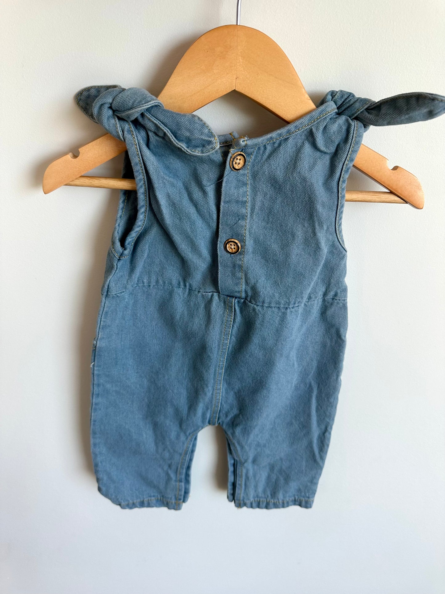 Denim Bow Knotted Shoulders Jumpsuit / 6-9m