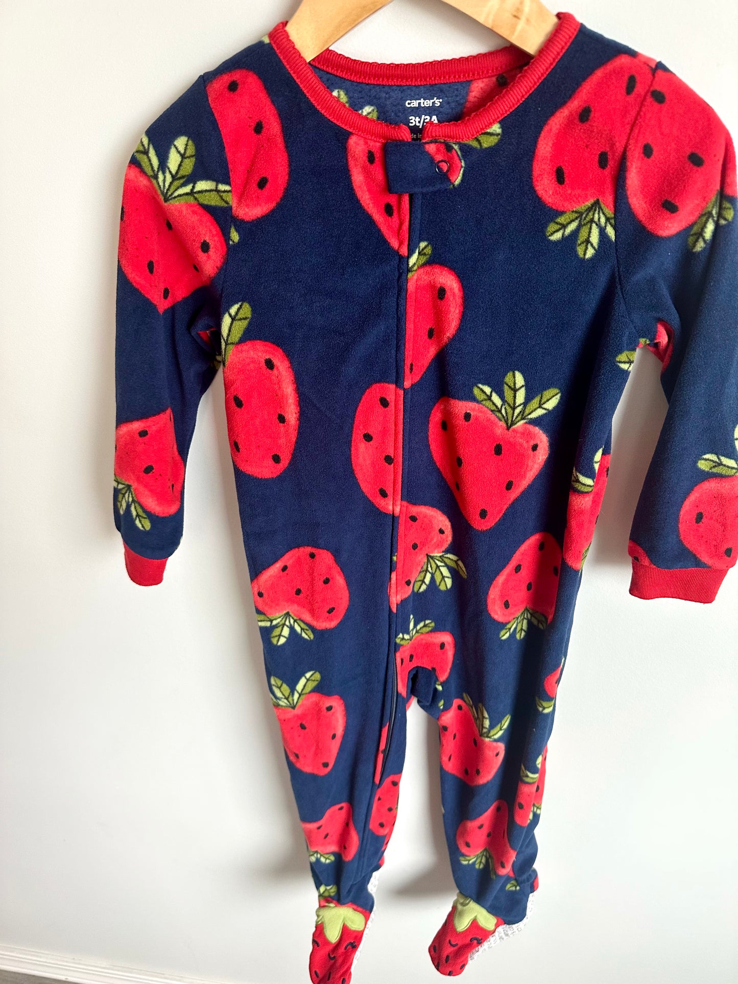 Navy Strawberry Fleece Sleeper / 3T