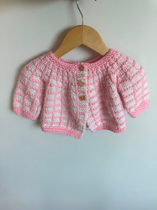 Handmade Knit Pink + White Cardigan/ 3-6m