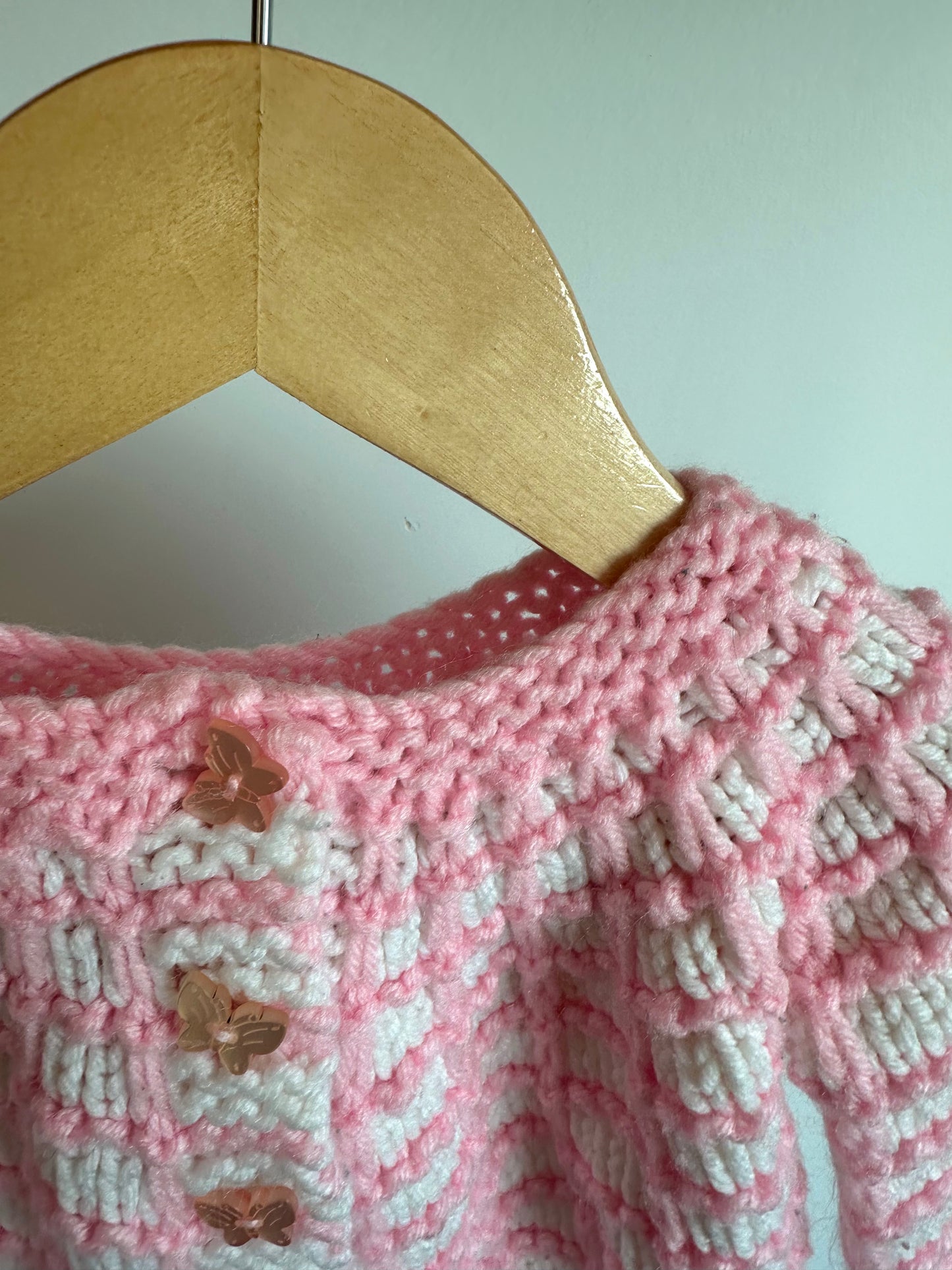 Handmade Knit Pink + White Cardigan/ 3-6m