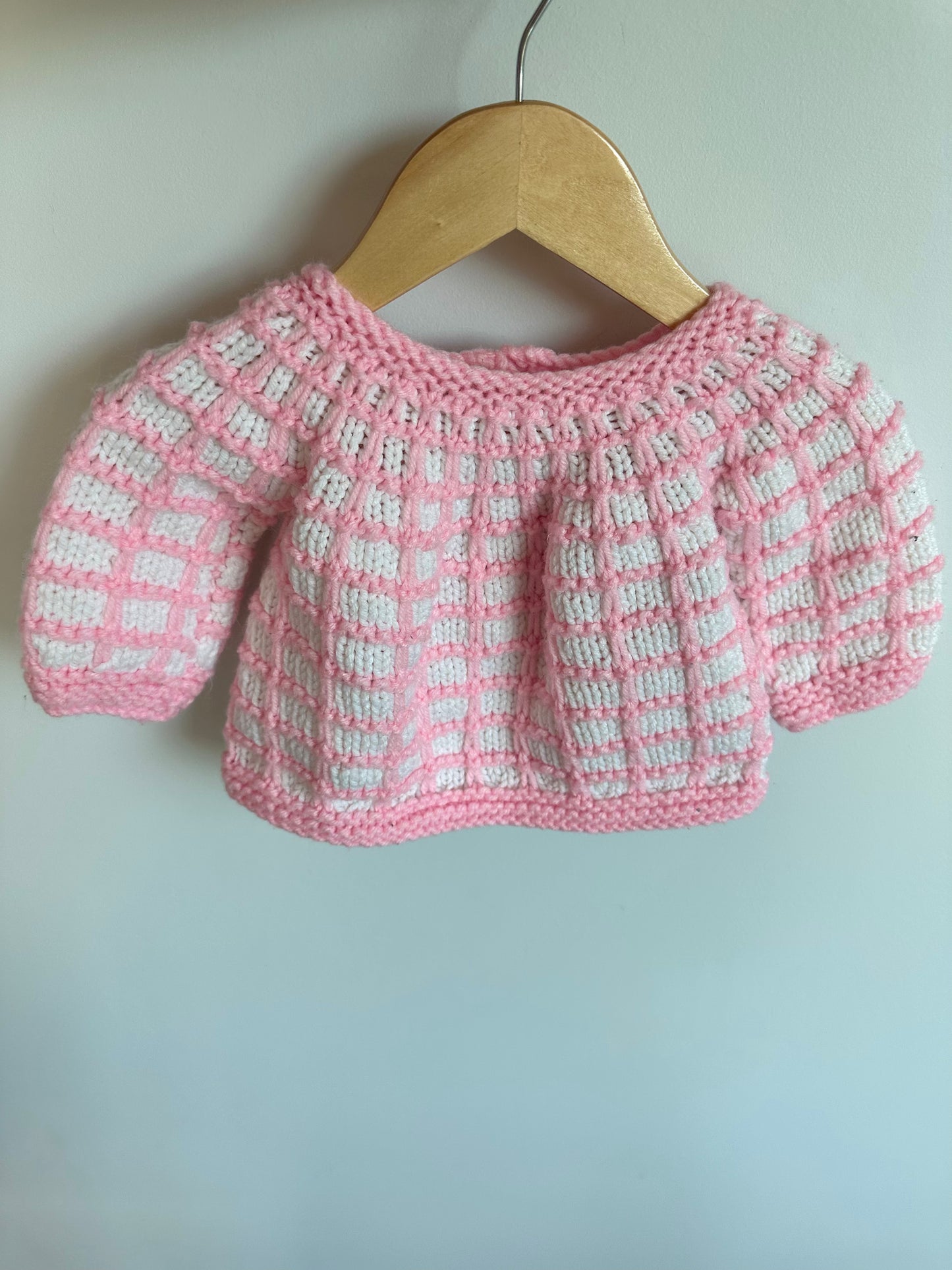 Handmade Knit Pink + White Cardigan/ 3-6m