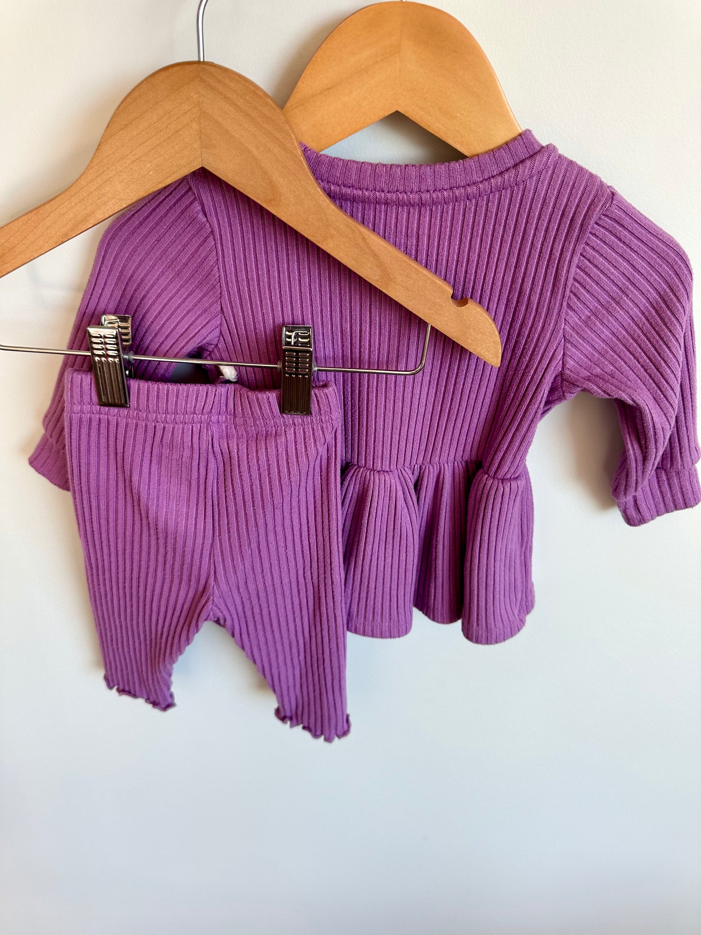 Purple Ribbed Dress + Pants Set / 3-6m