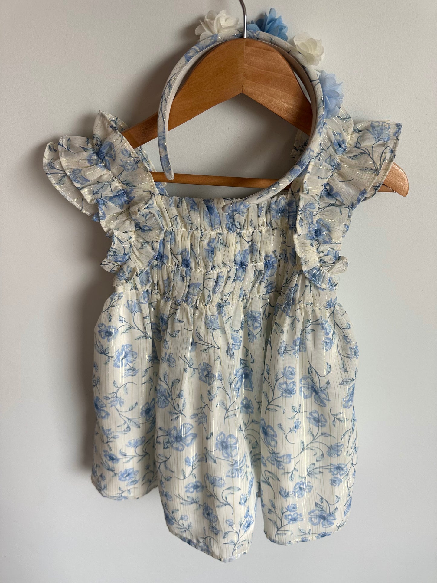 Blue Floral Dress + Headband Set / 3T