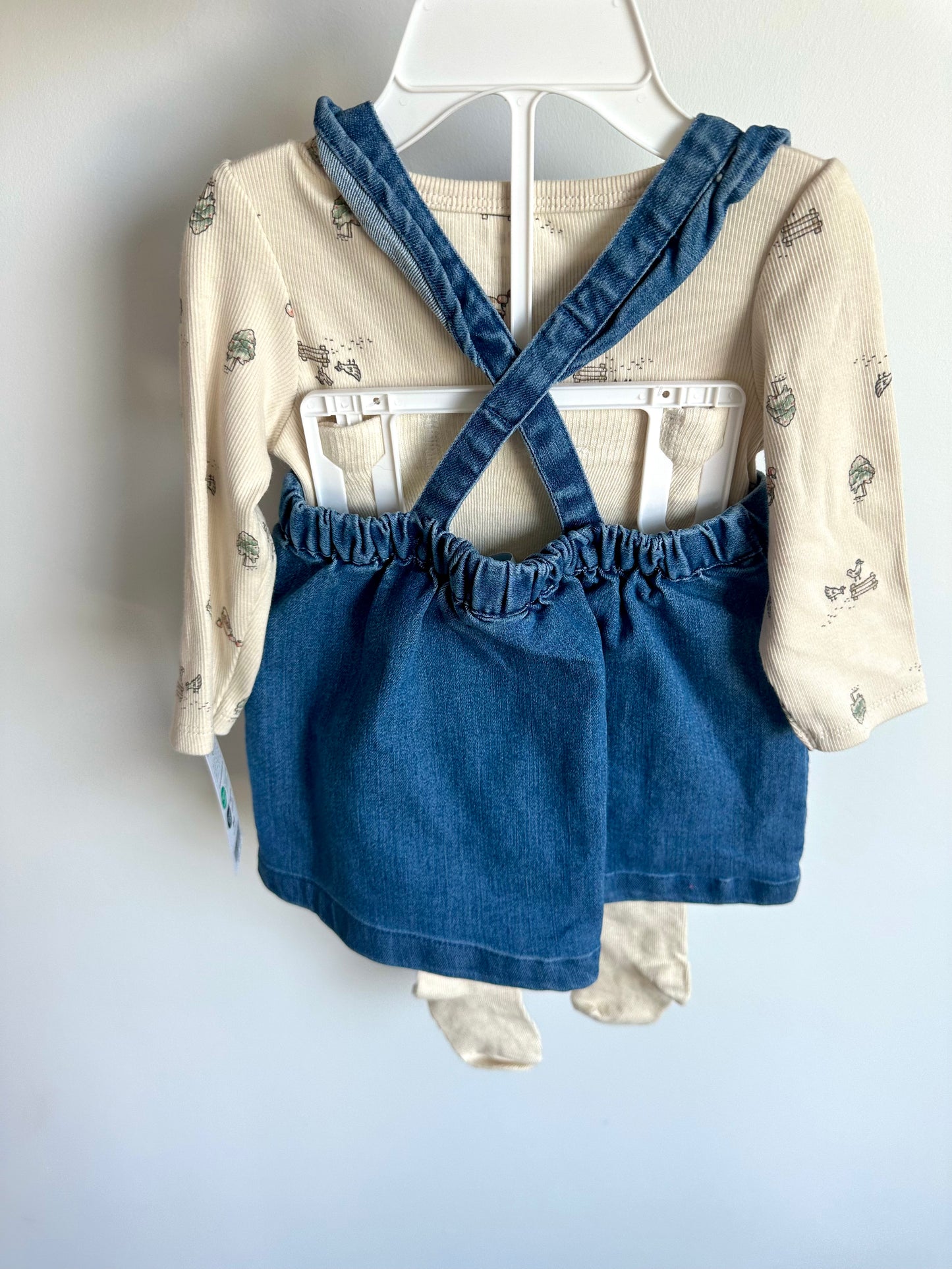 Denim Dress, Farm Bodysuit + Leggings Set (With Tags) / 6m