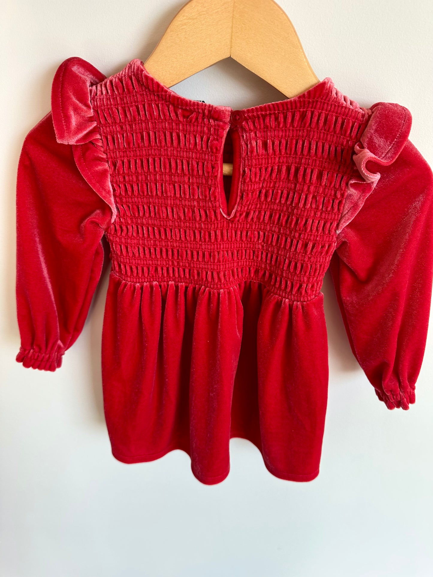 Red Velour Ruffle Dress / 6-12m