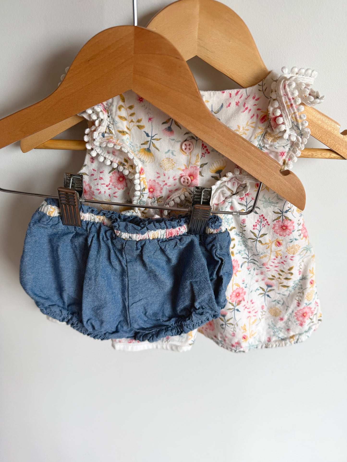 White Floral Top + Chambray Bottom Set / 6-9m