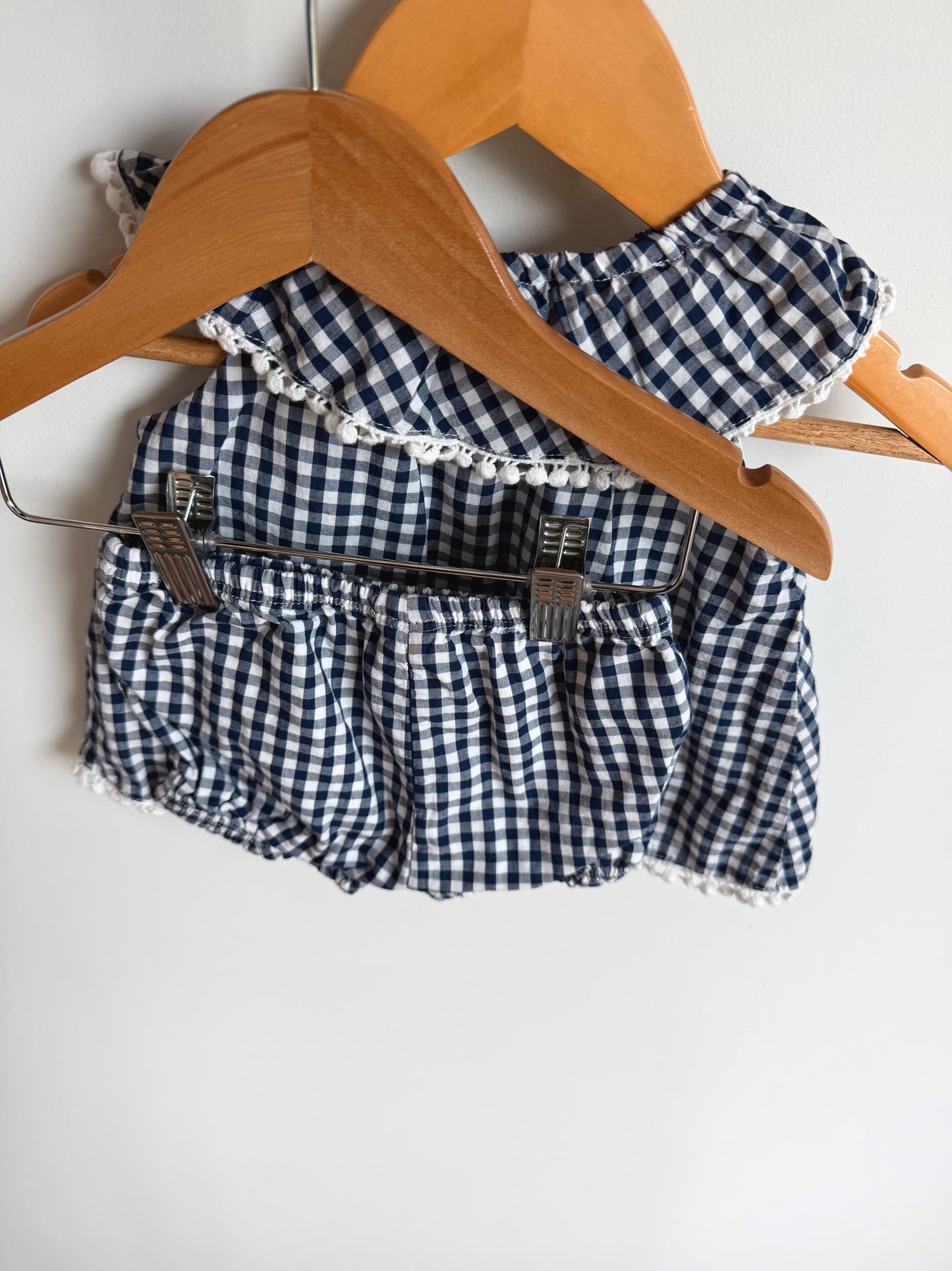 Navy Checkered Neck Detail Top and Shorts / 6m