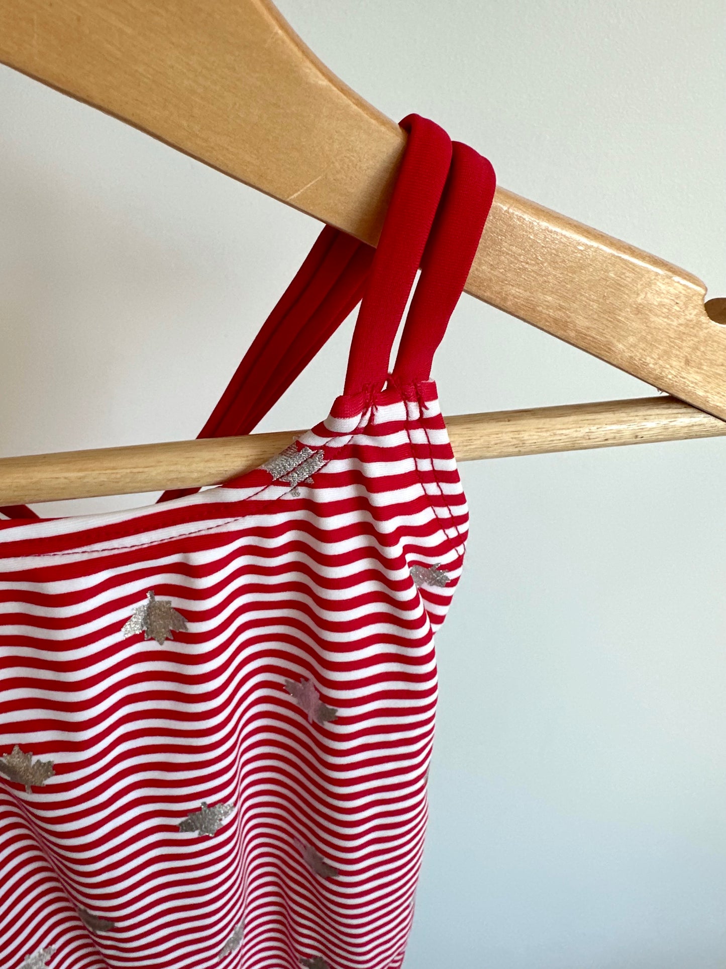 Red Striped Maple Leaf Swimsuit / 3T