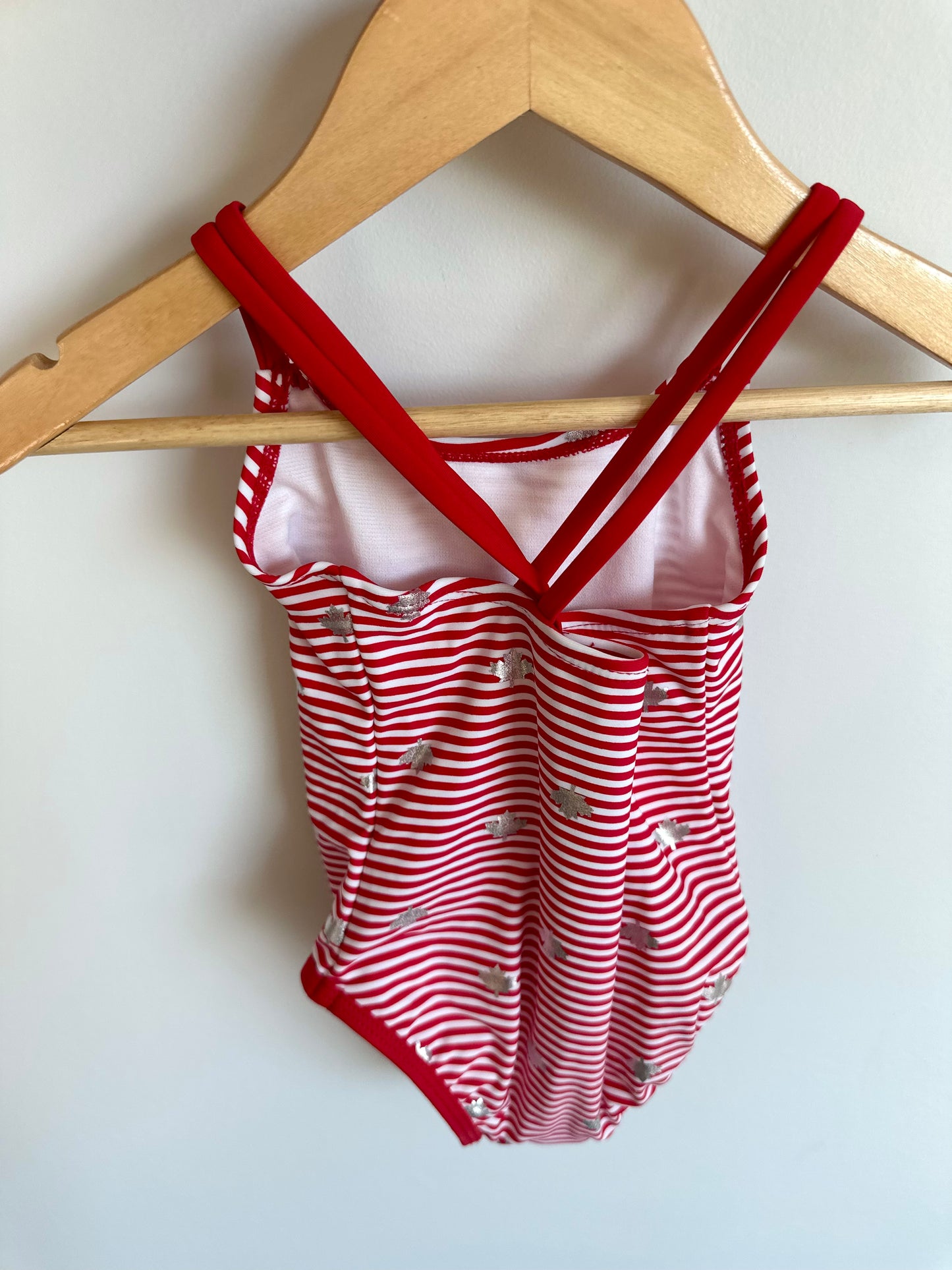 Red Striped Maple Leaf Swimsuit / 3T