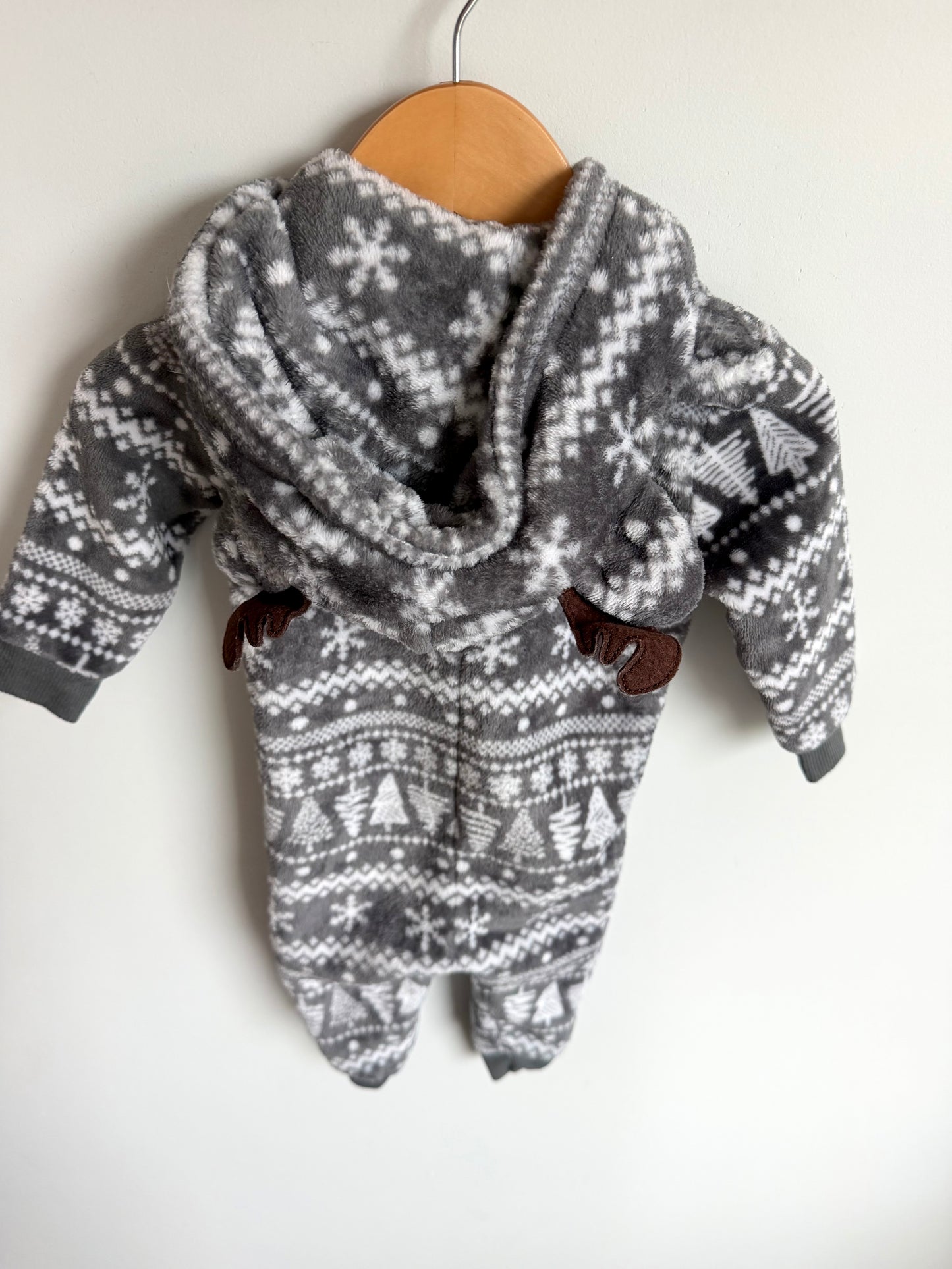 Fleece Grey Reindeer Jumpsuit / 12-18m