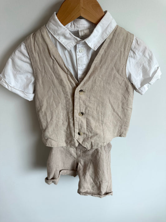 H&M Oat Linen Vest, Collared Shirt + Shorts with Suspenders Set / 12-18m