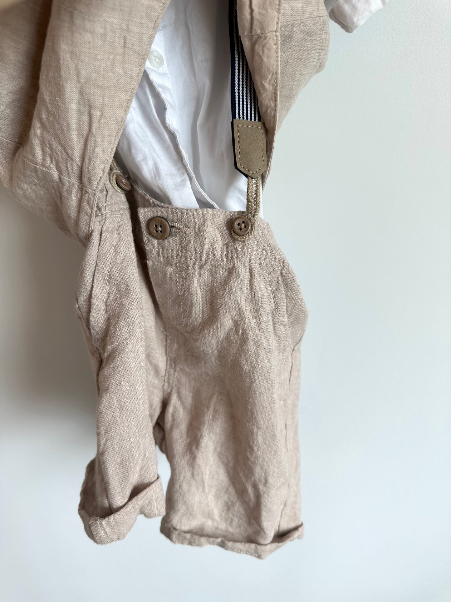 H&M Oat Linen Vest, Collared Shirt + Shorts with Suspenders Set / 12-18m