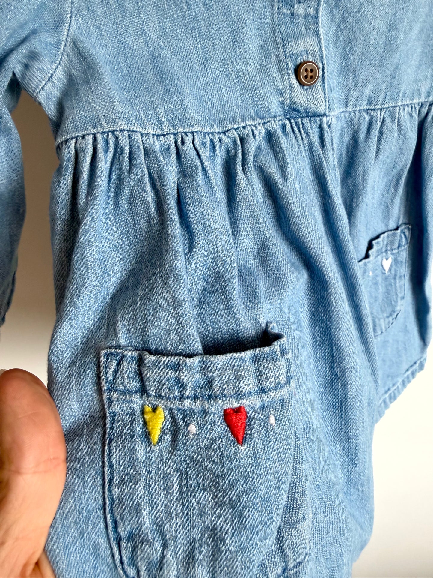 Embroidered Heart Pocket Long Sleeve Dress / 6-12m