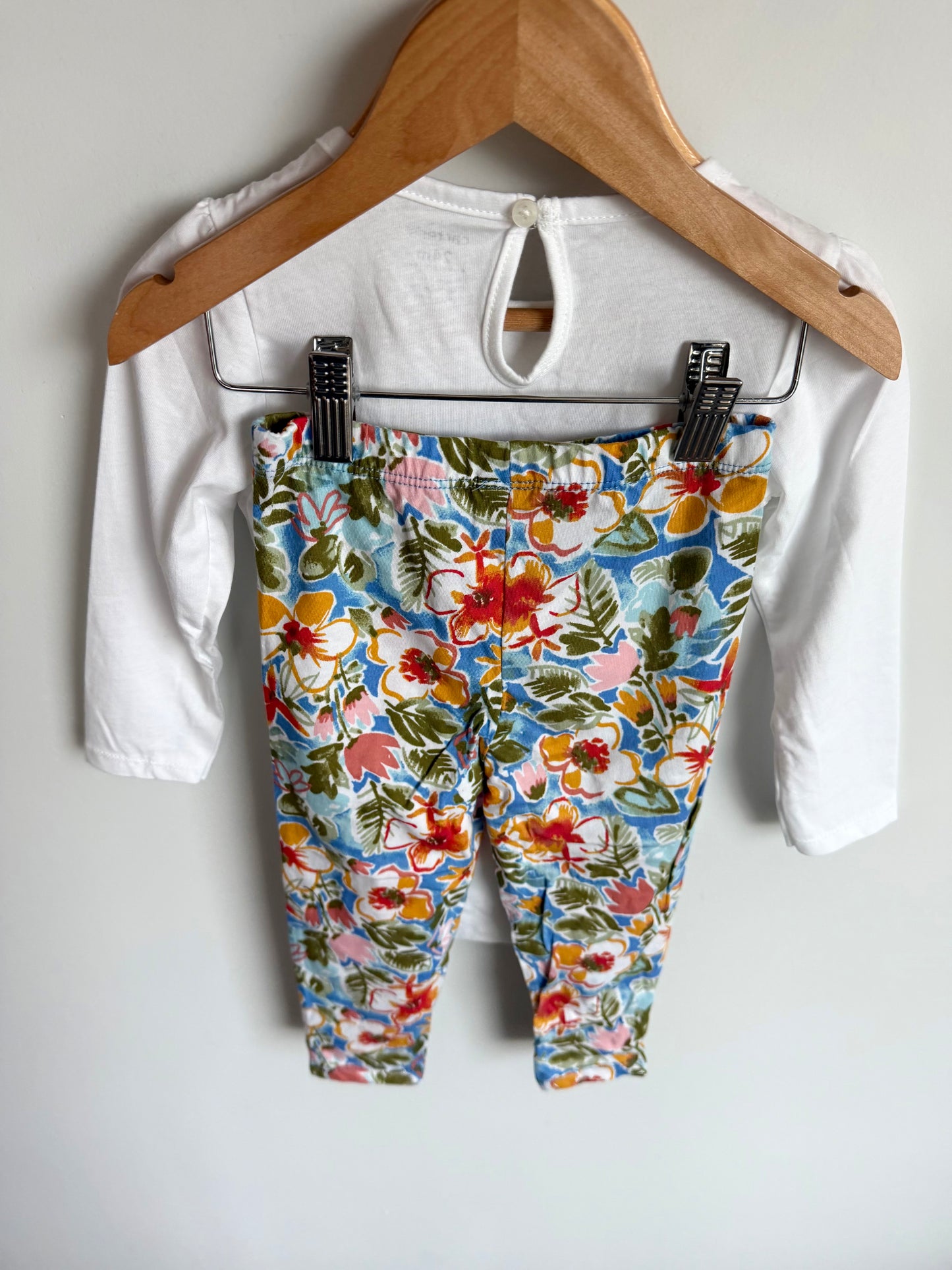 White Bodysuit + Floral Pants Set / 24m
