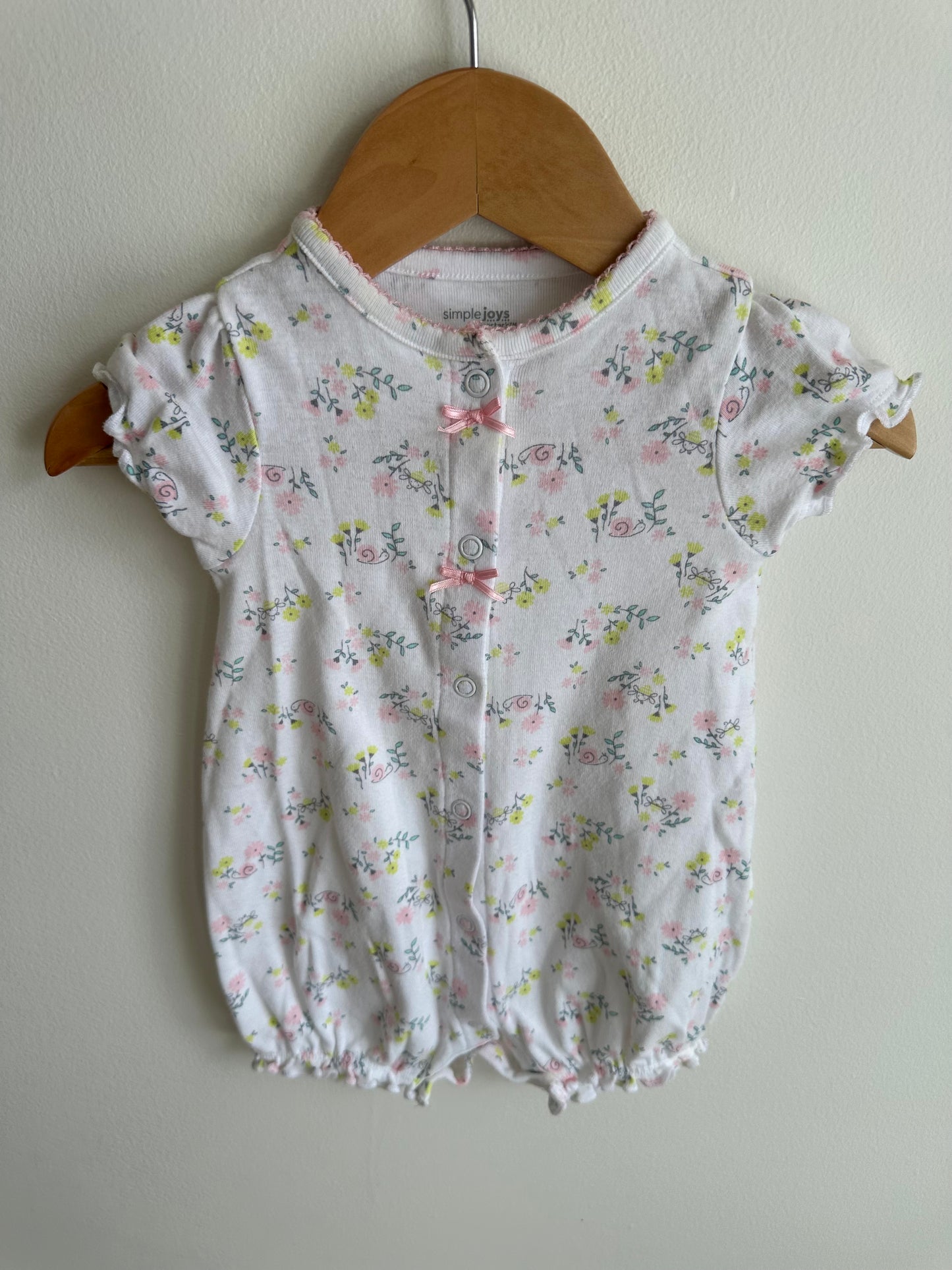 White Snail + Flowers Snap Romper / 3-6m