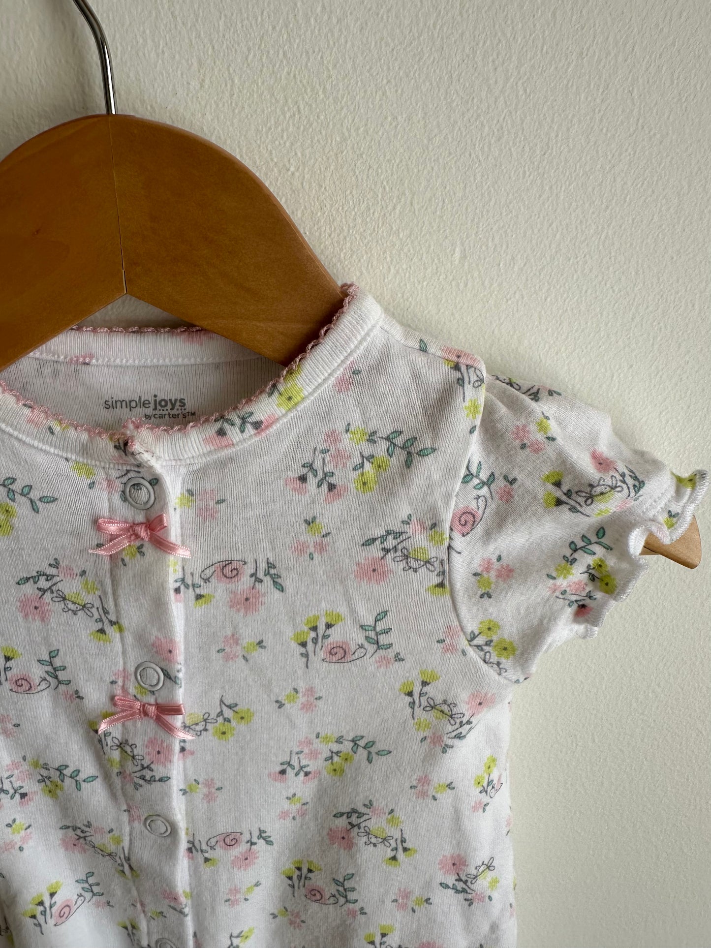 White Snail + Flowers Snap Romper / 3-6m