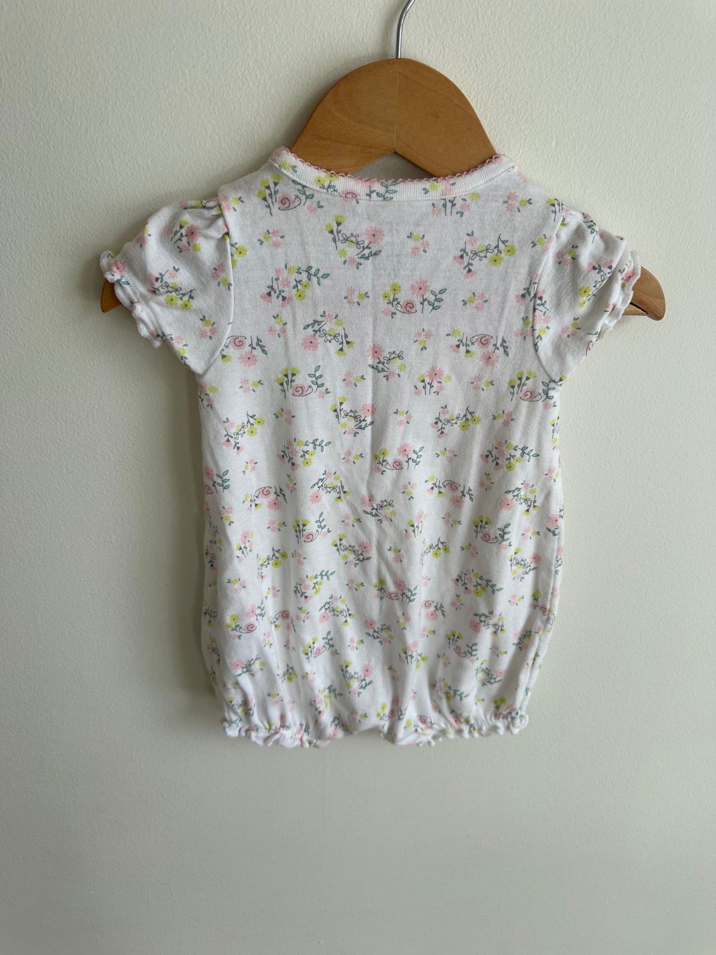 White Snail + Flowers Snap Romper / 3-6m
