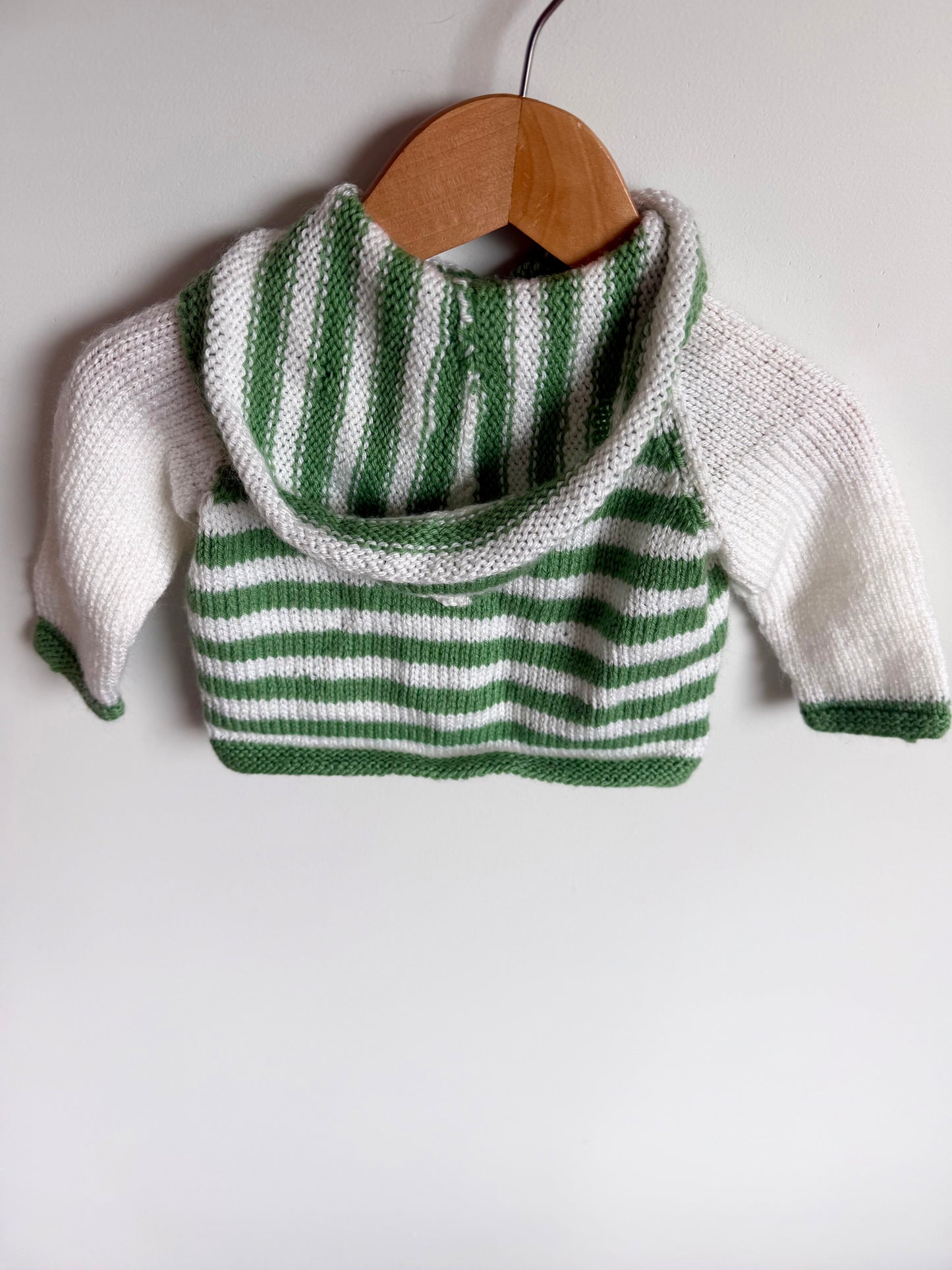 Green + White Knit Hooded Cardigan / 0-3m