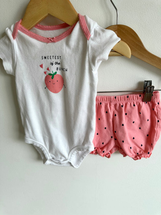 Strawberry Bodysuit, Bubble Shorts and Striped Bloomers Set / 9m