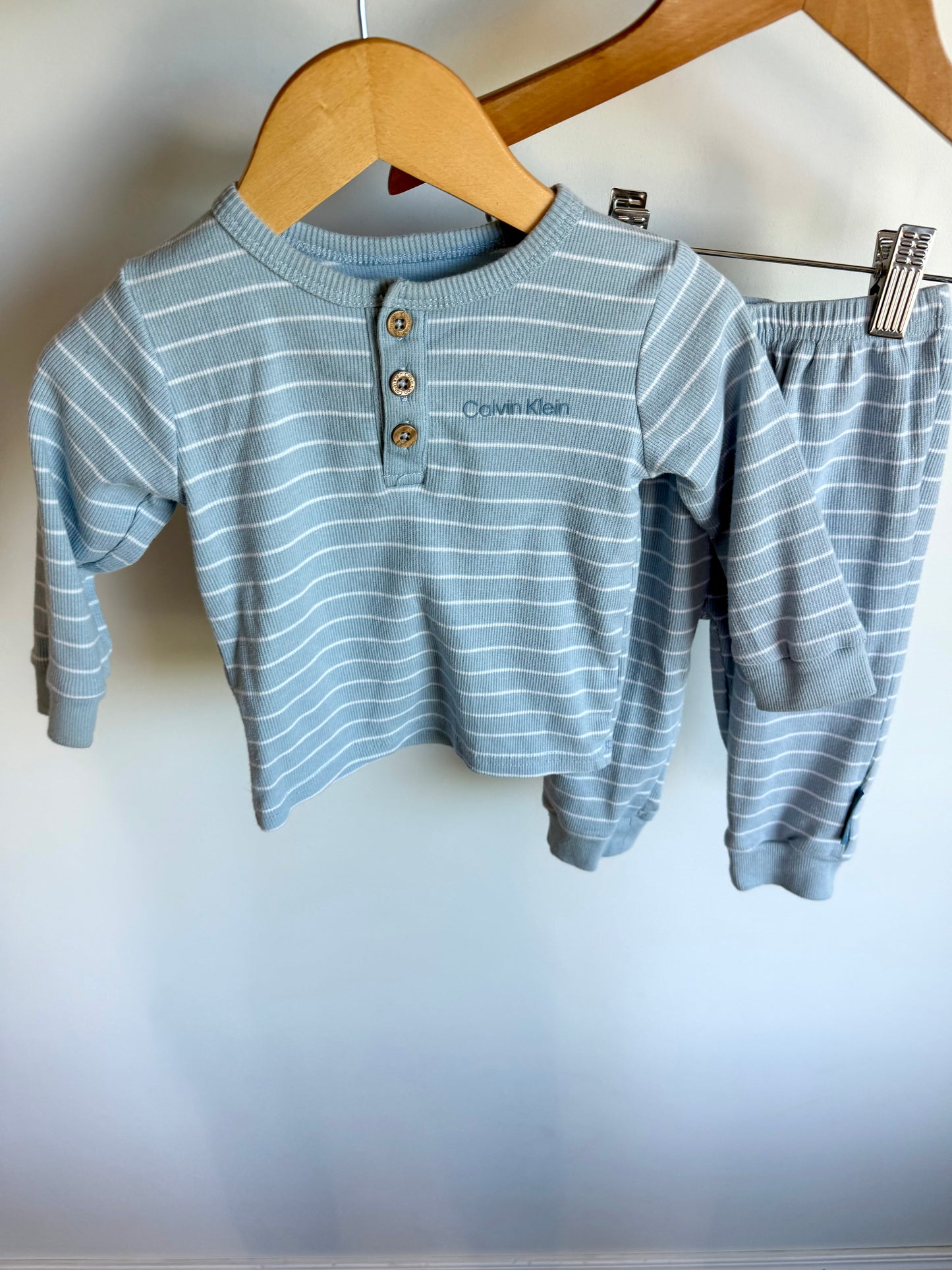 CK Dusty Blue Striped Long Sleeve + Pants Set / 6-9m