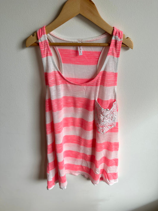 Pink Striped Lace Pocket Tank / Small