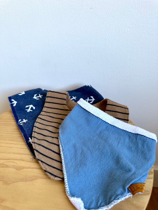 Set of 3 Cloth Bibs (Anchor, Stripe, Blue)