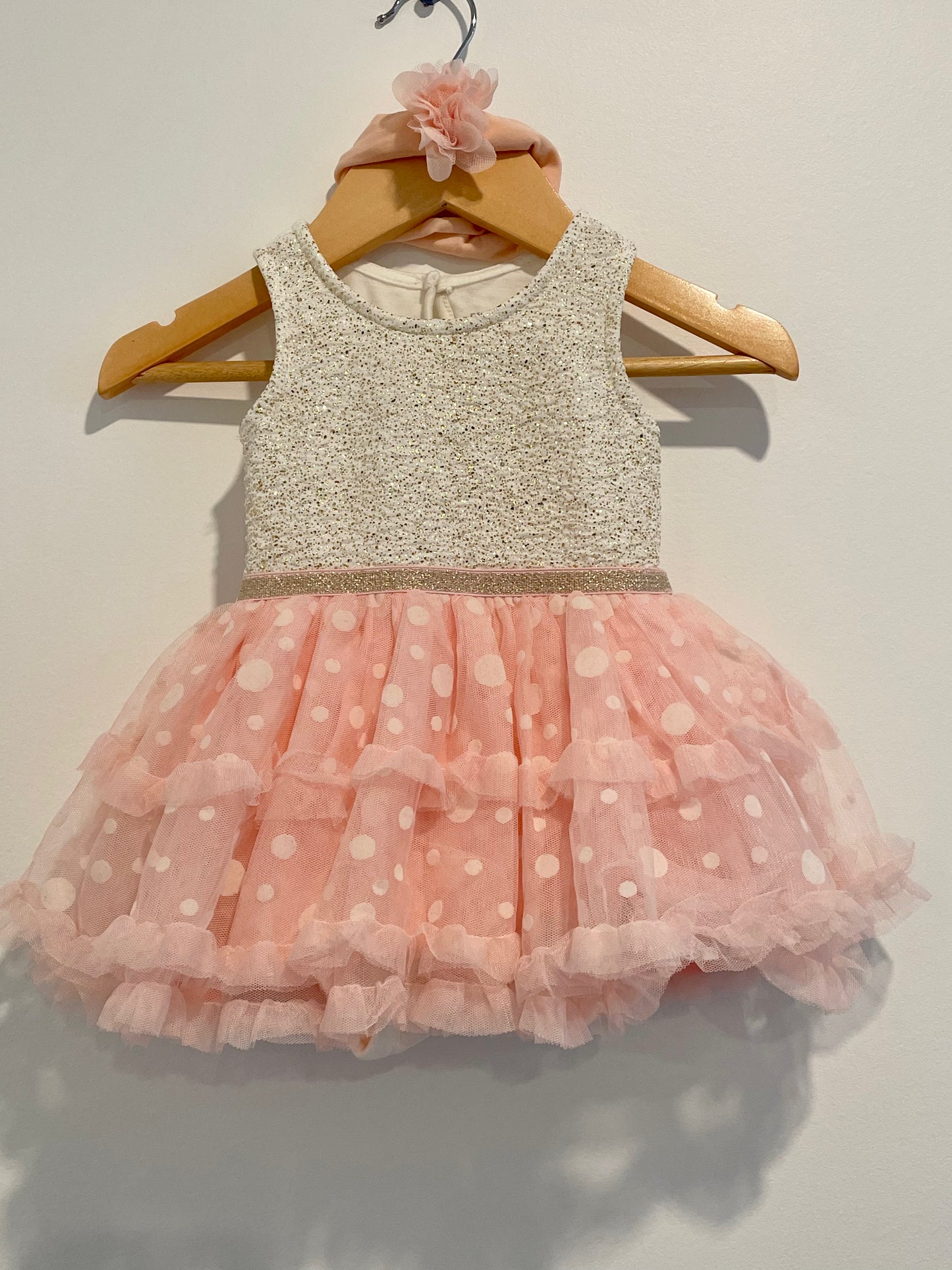 Gold + Pink Tulle Dress Bodysuit + Headband / 3-6m