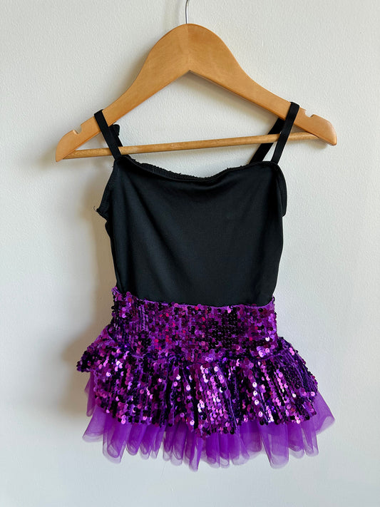 Black Leotard with Shorts + Purple Sequin Skirt / 4 years?
