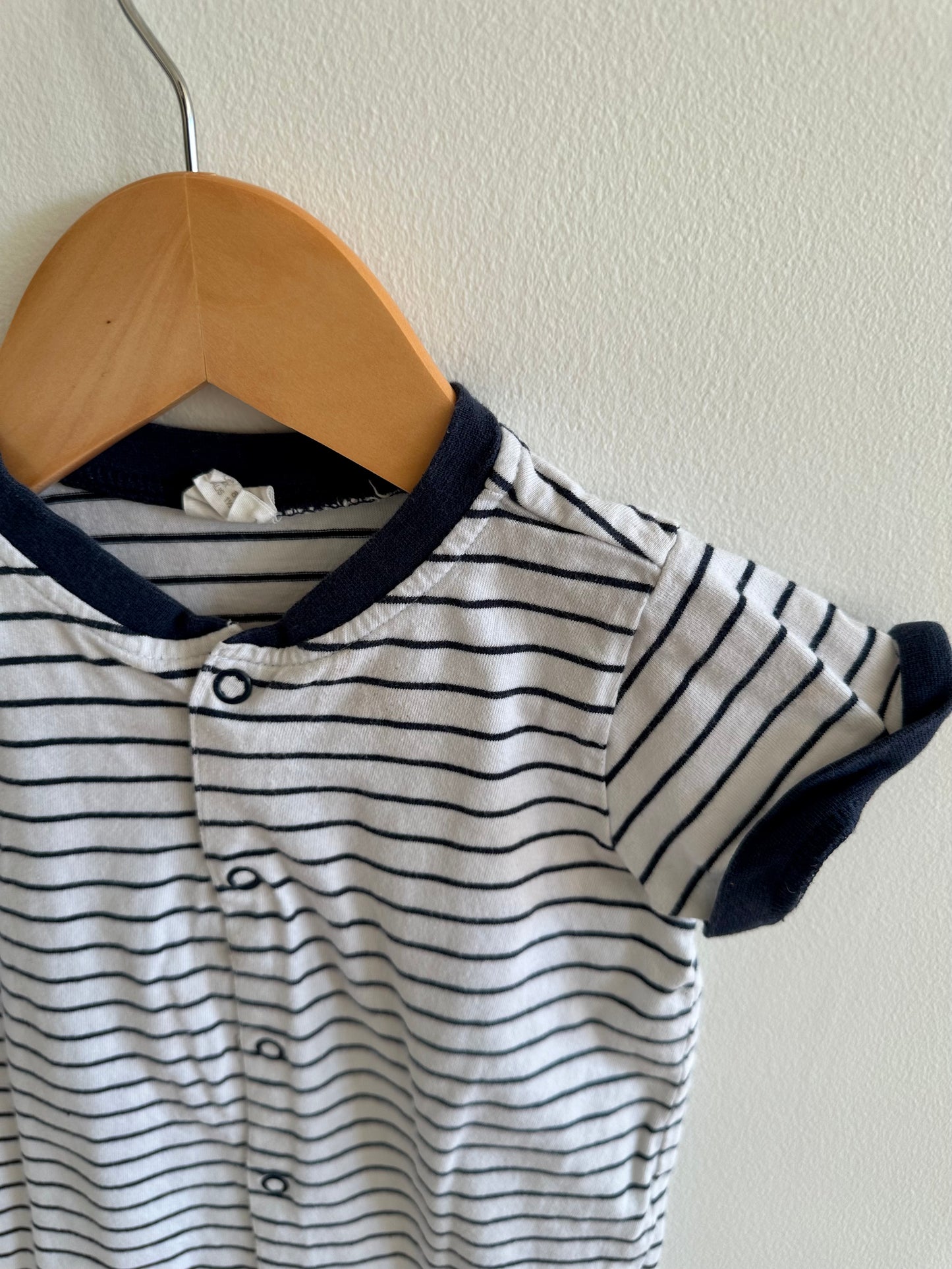 H&M White + Navy Striped Button Up Romper / 12-18m