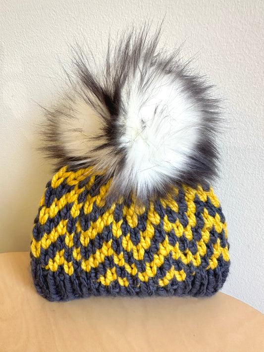 Blue + Yellow Fluffy Pom Pom Toque / 6m